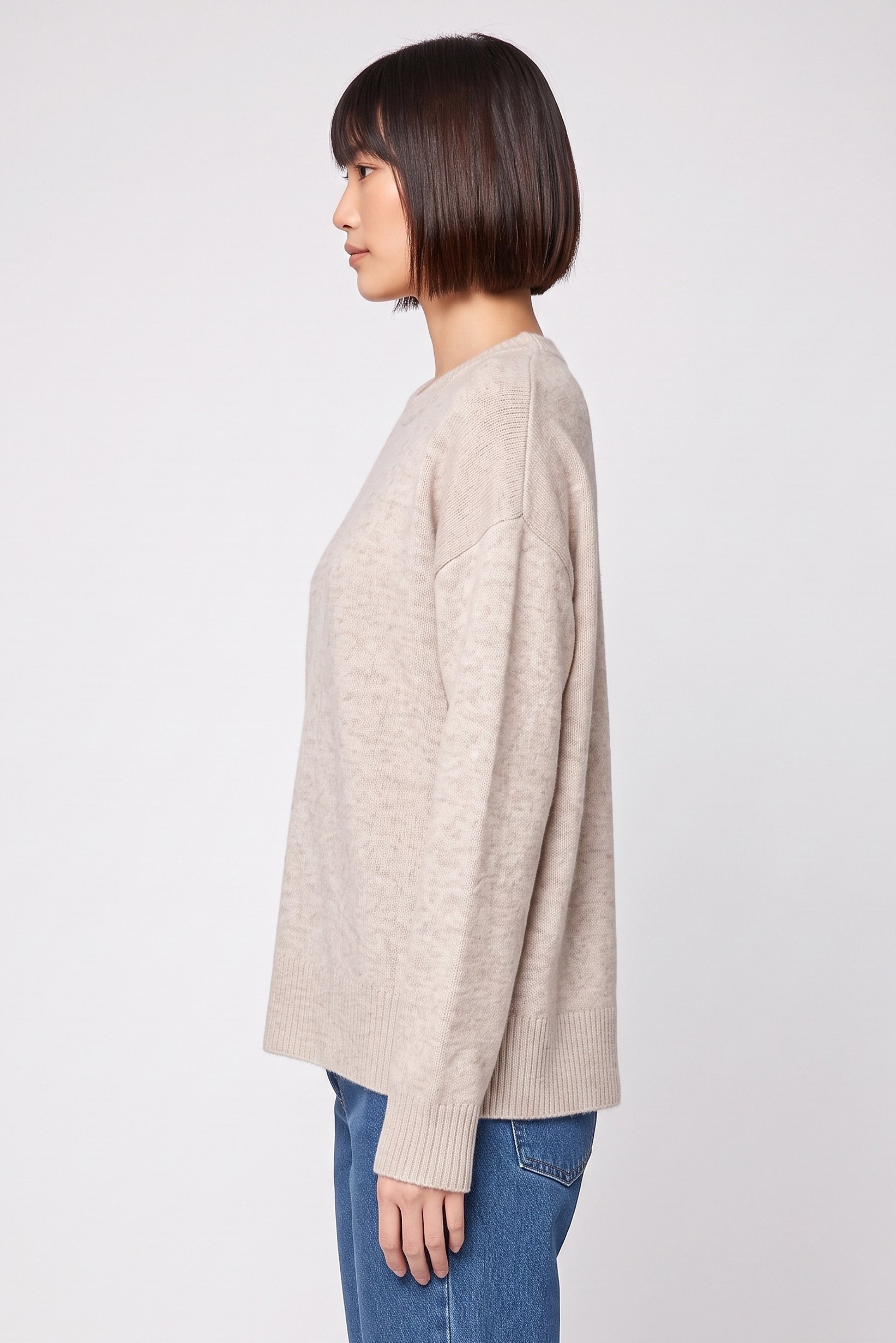 Women Crew Neck Knitted Sweater, Beige