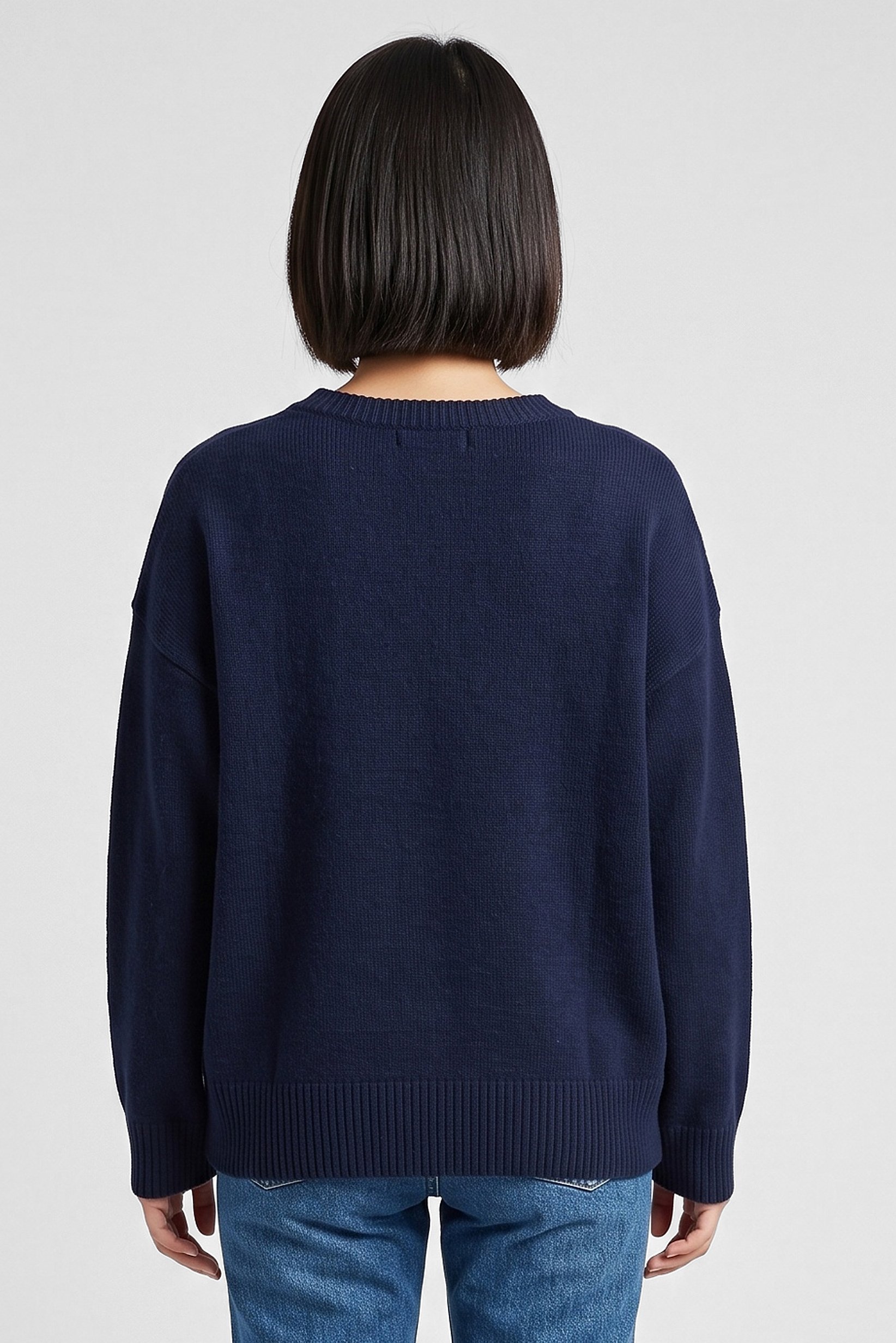 Women Crew Neck Knitted Sweater, Navy