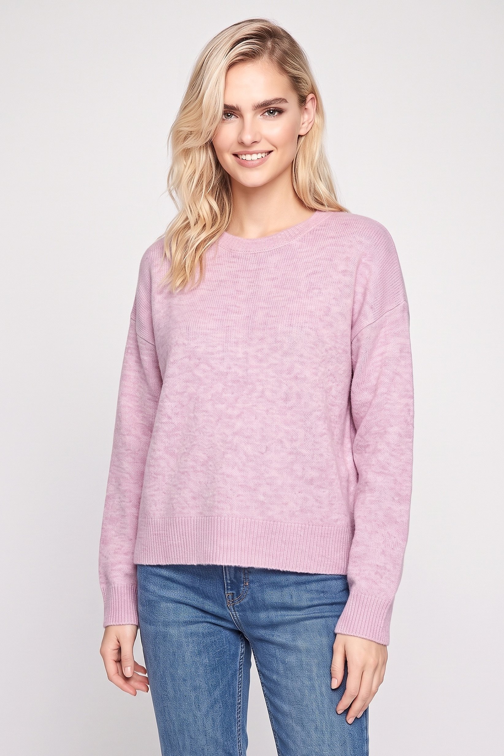 Women Crew Neck Knitted Sweater, Pink