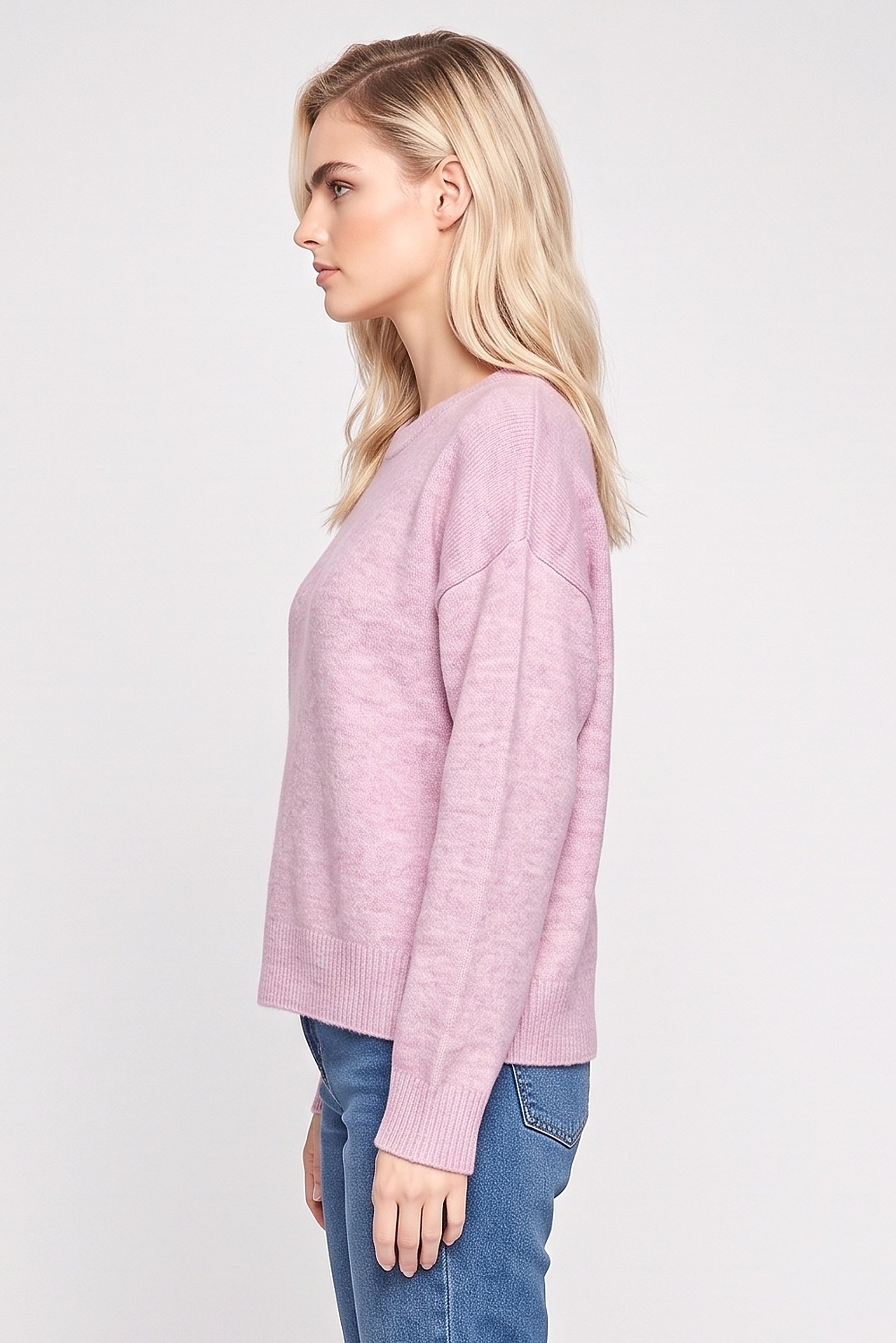Women Crew Neck Knitted Sweater, Pink