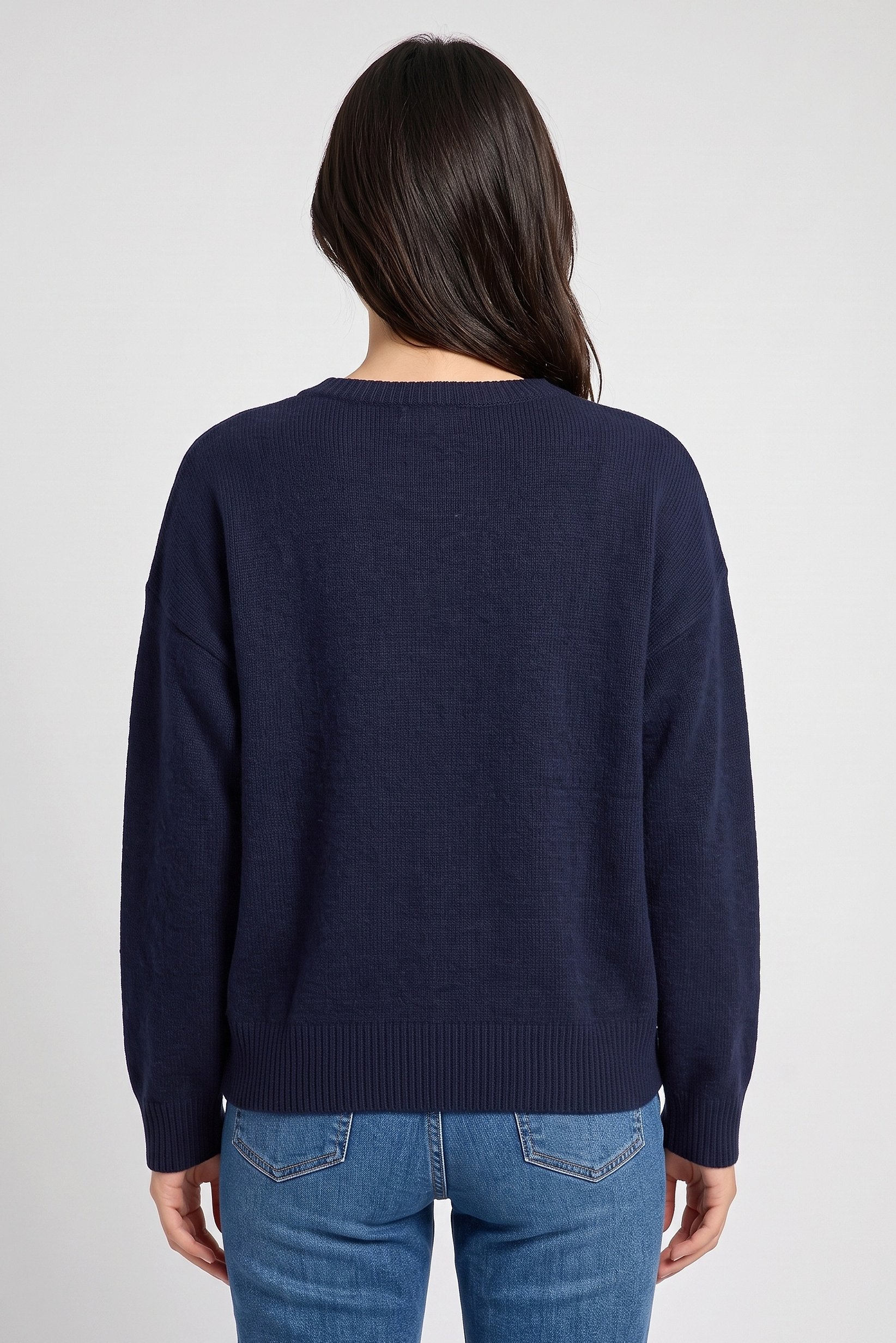 Women Crew Neck Knitted Sweater, Navy Blue