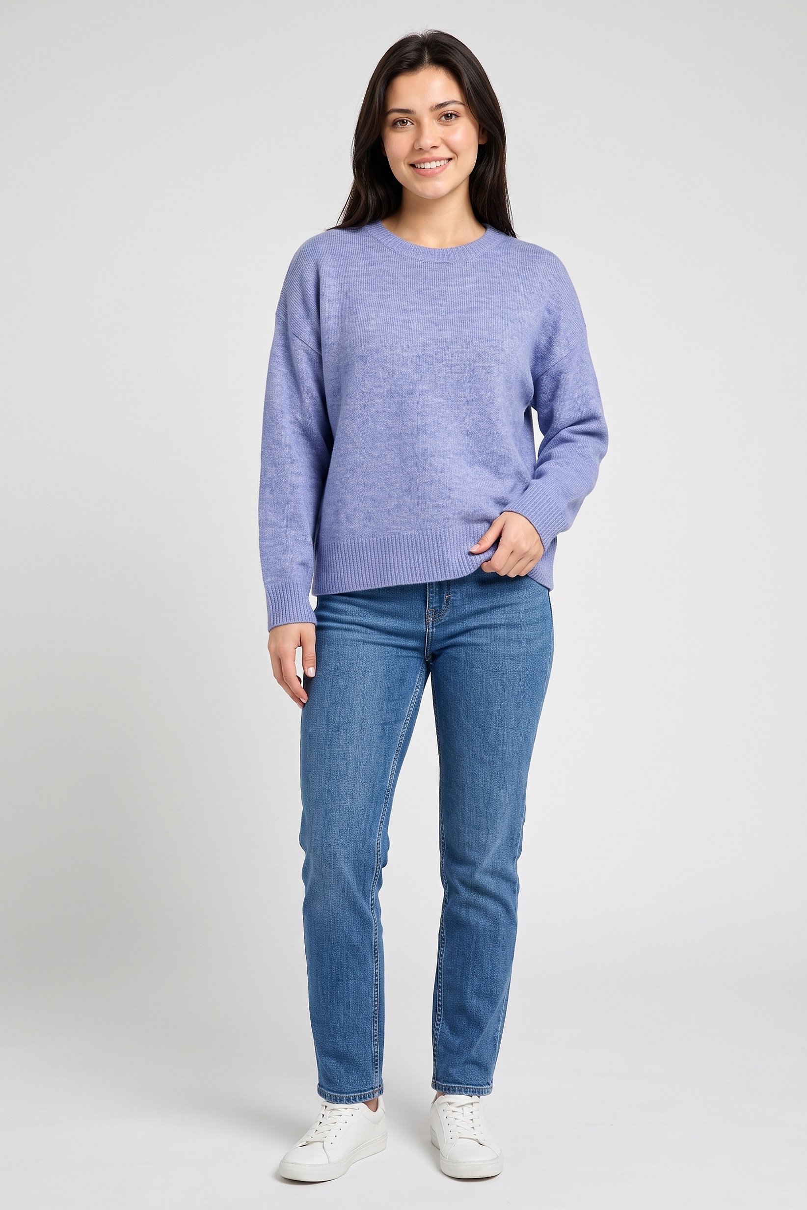 Women Crew Neck Knitted Sweater, Light Blue