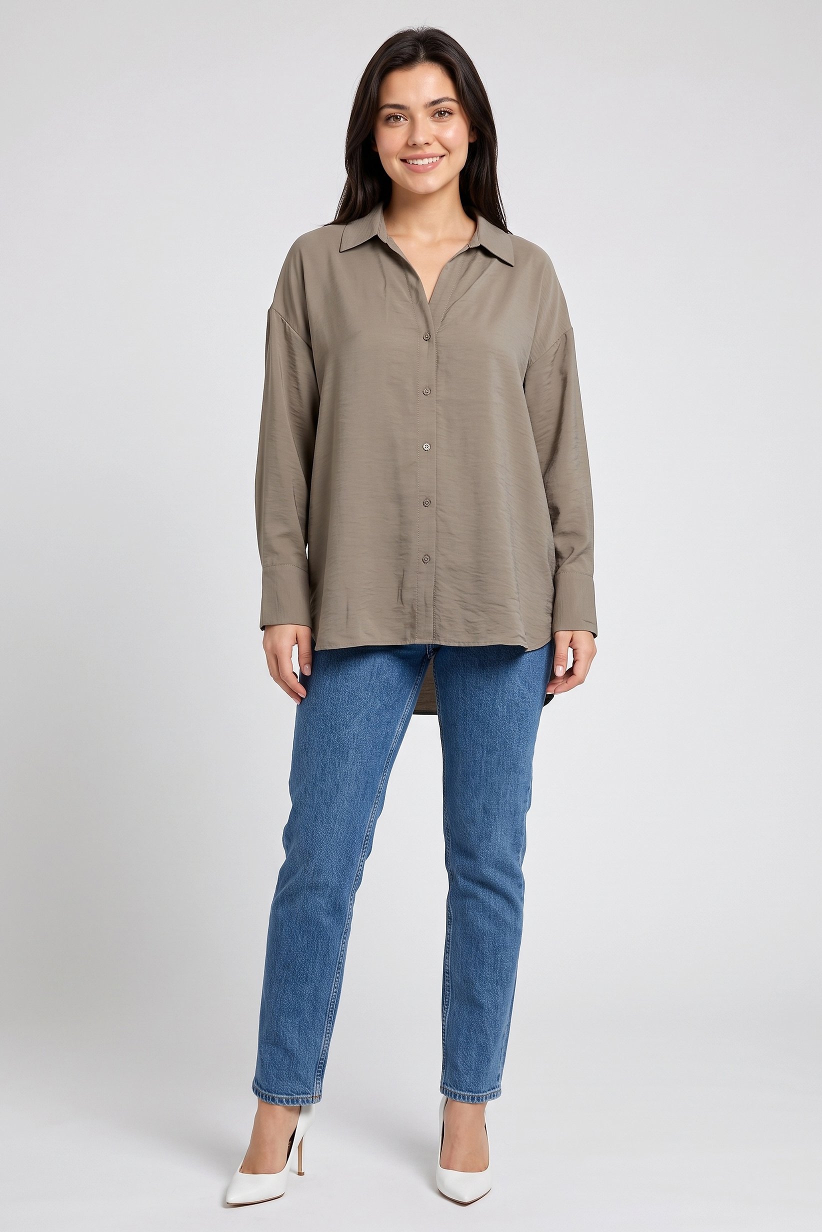 Women Oversized Fit Plain Long Sleeve Shirt, Brown