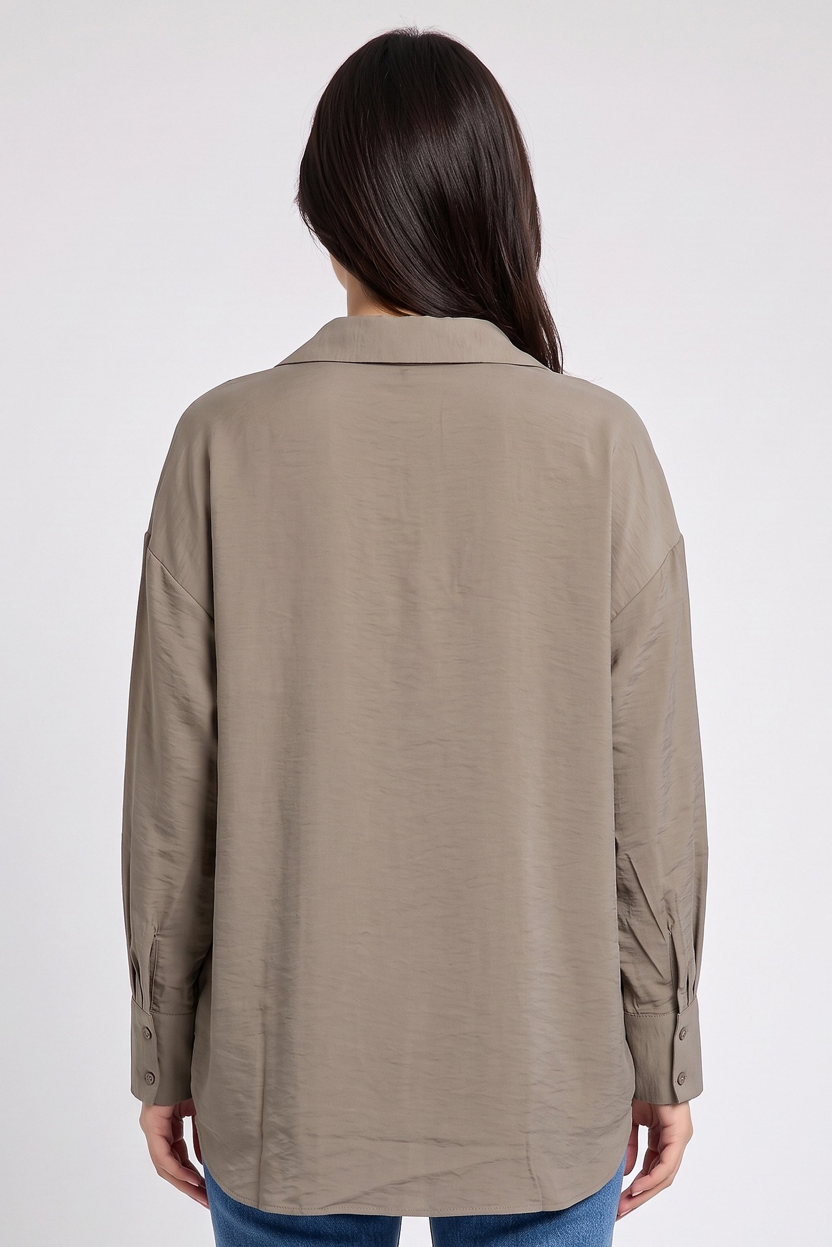 Women Oversized Fit Plain Long Sleeve Shirt, Brown