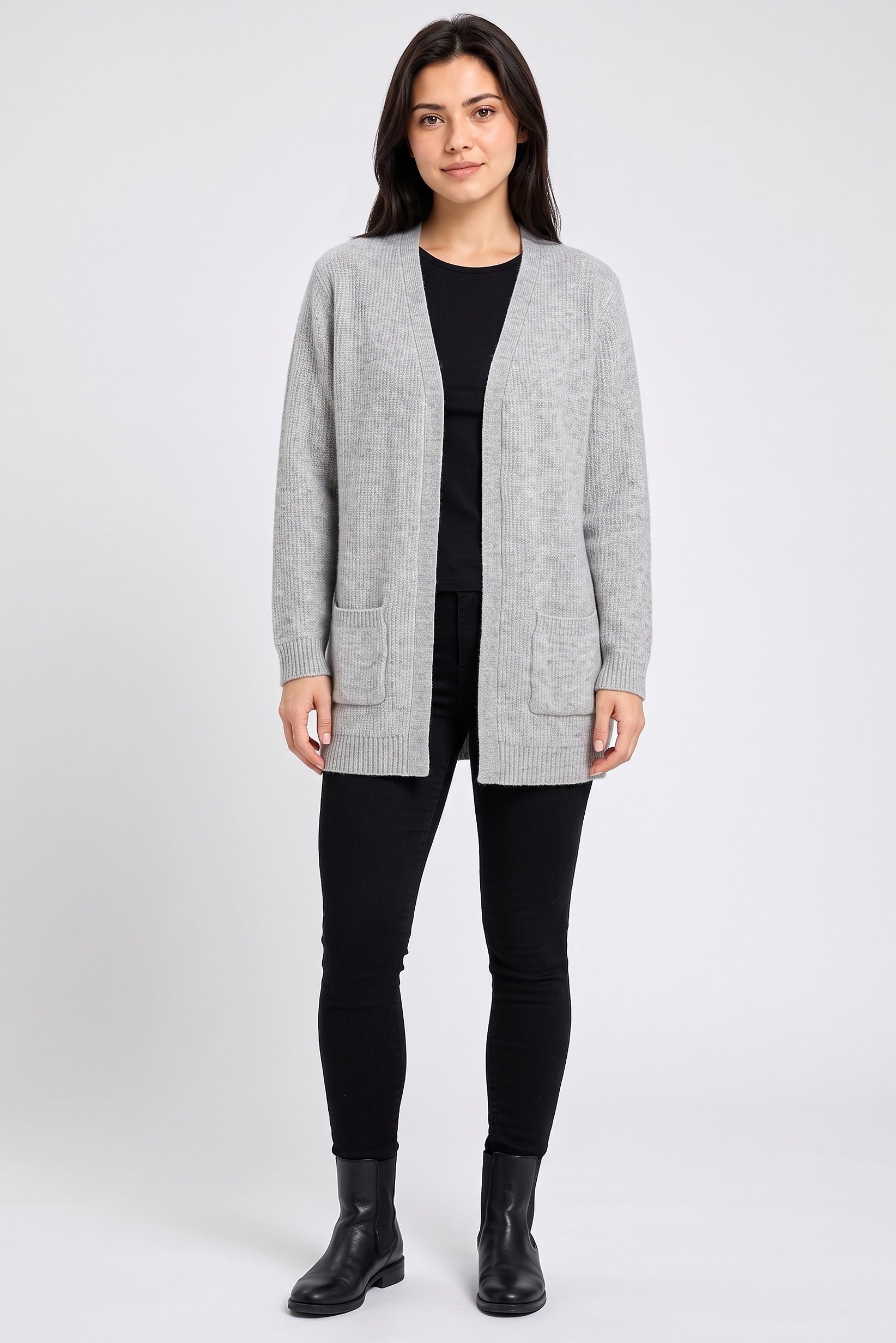 Women Split Neck Knitted Cardigan, Grey