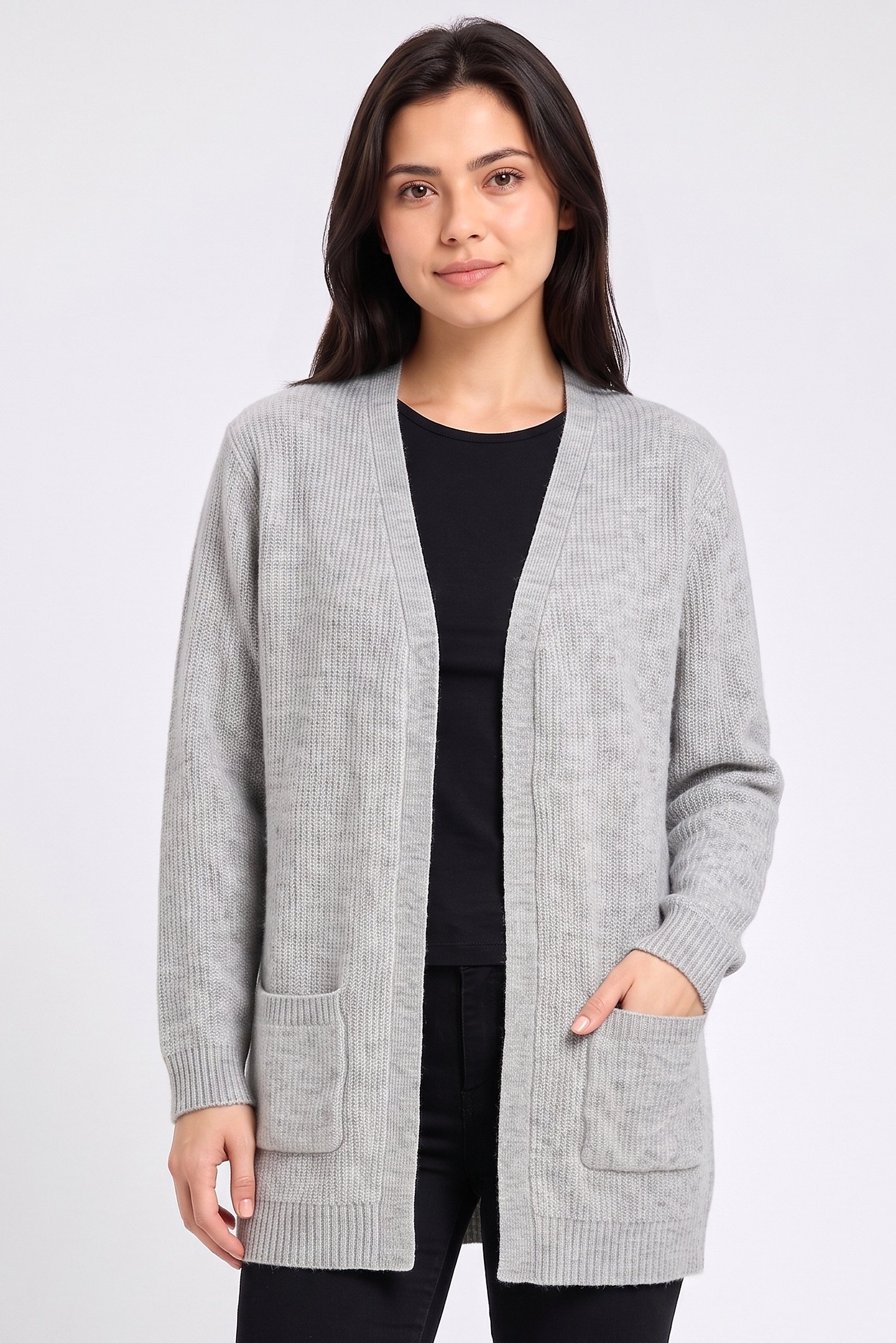 Women Split Neck Knitted Cardigan, Grey
