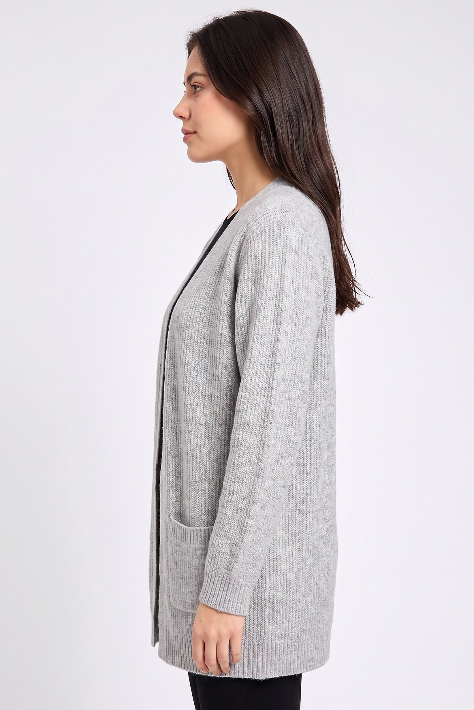 Women Split Neck Knitted Cardigan, Grey