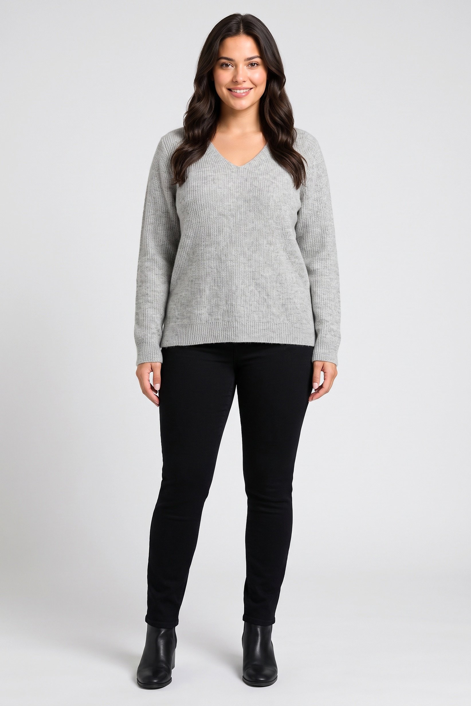 Women V-Neck Knitted Sweater, Heather Grey