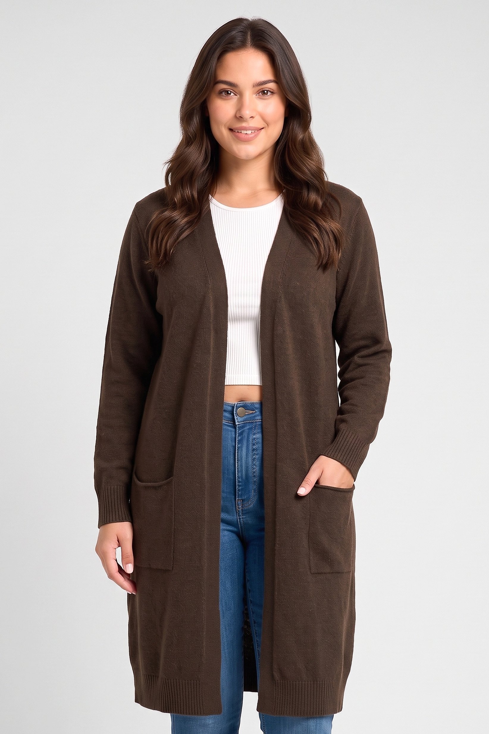 Women Knitted Long Sleeve Cardigan, Chocolate