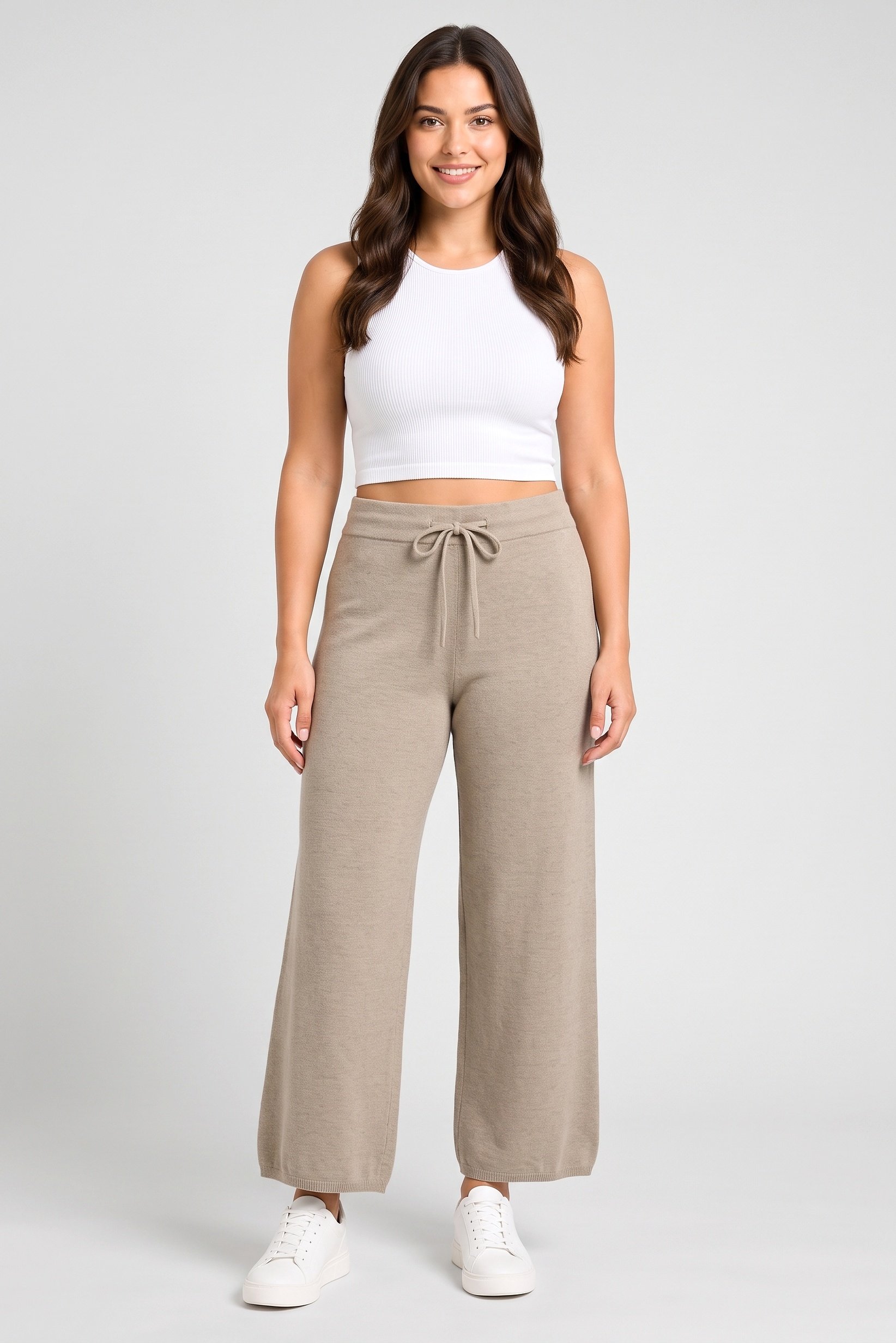 Women Regular Fit Knitted Wide Leg Pants, Taupe