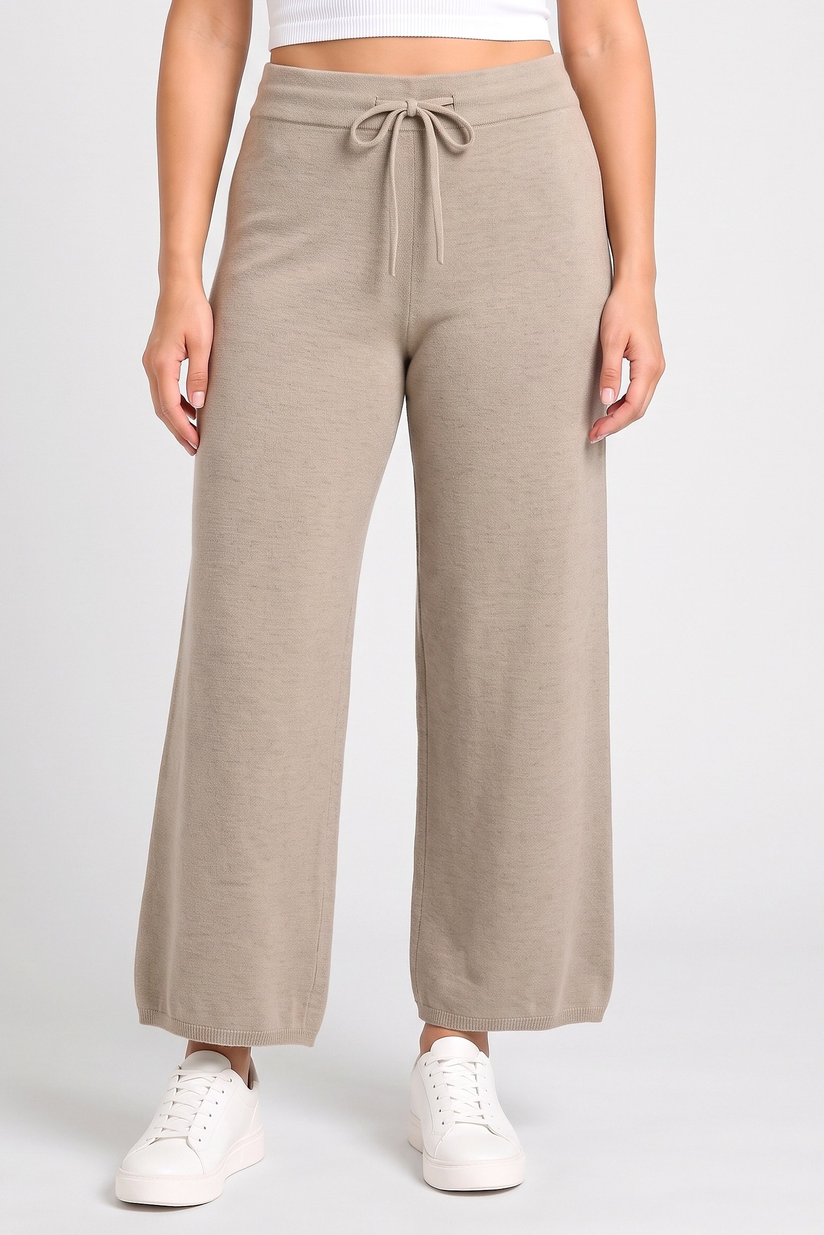 Women Regular Fit Knitted Wide Leg Pants, Taupe