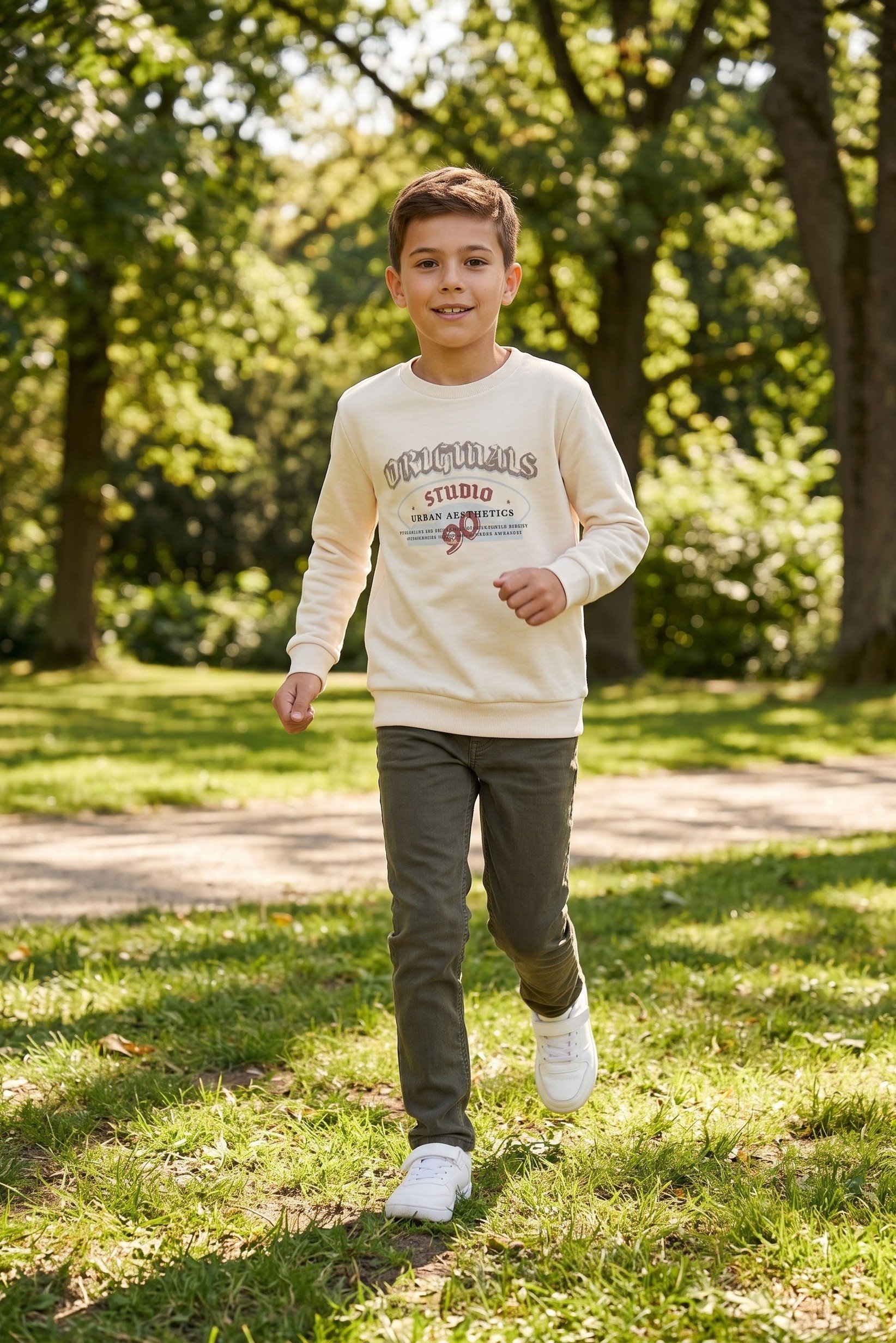 Kids Boy Graphic Print Long Sleeve Sweatshirt, Light Beige