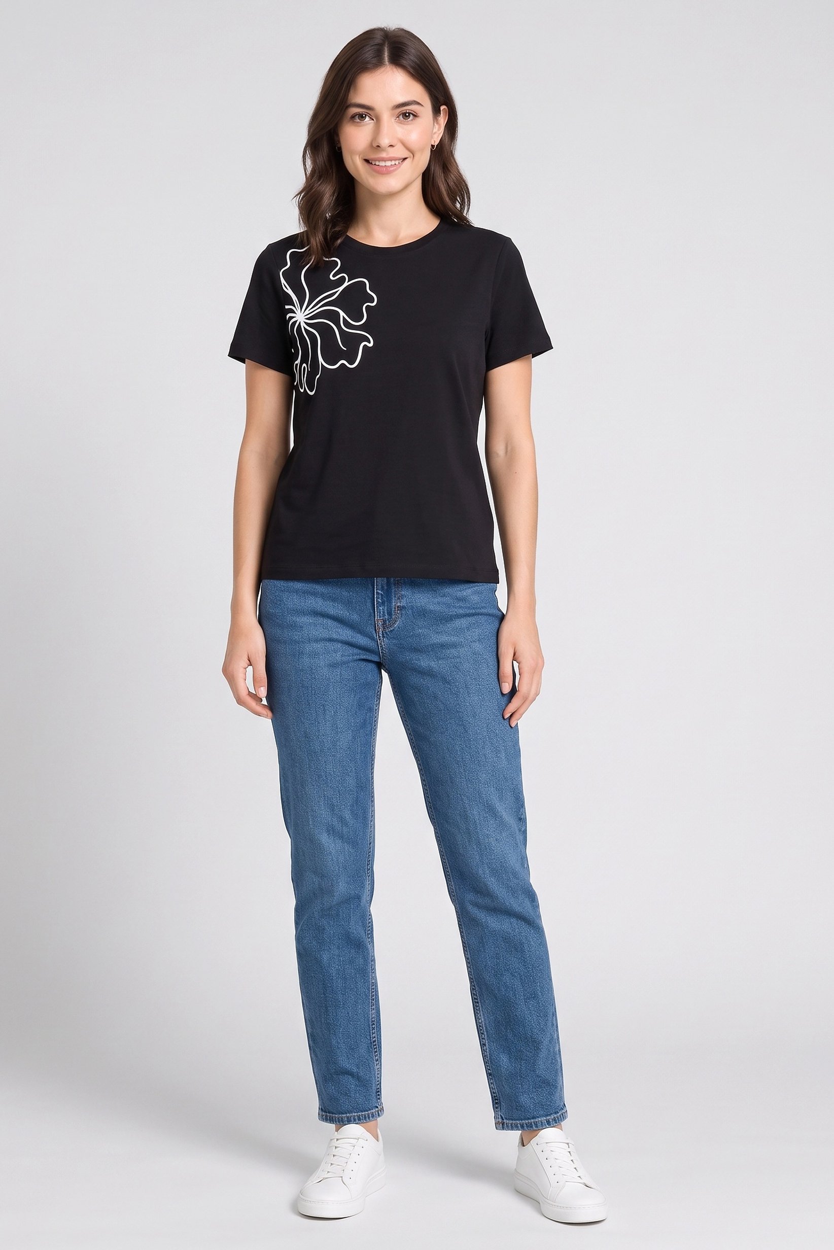 Women Crew Neck Short Sleeve Graphic Print Top, Black