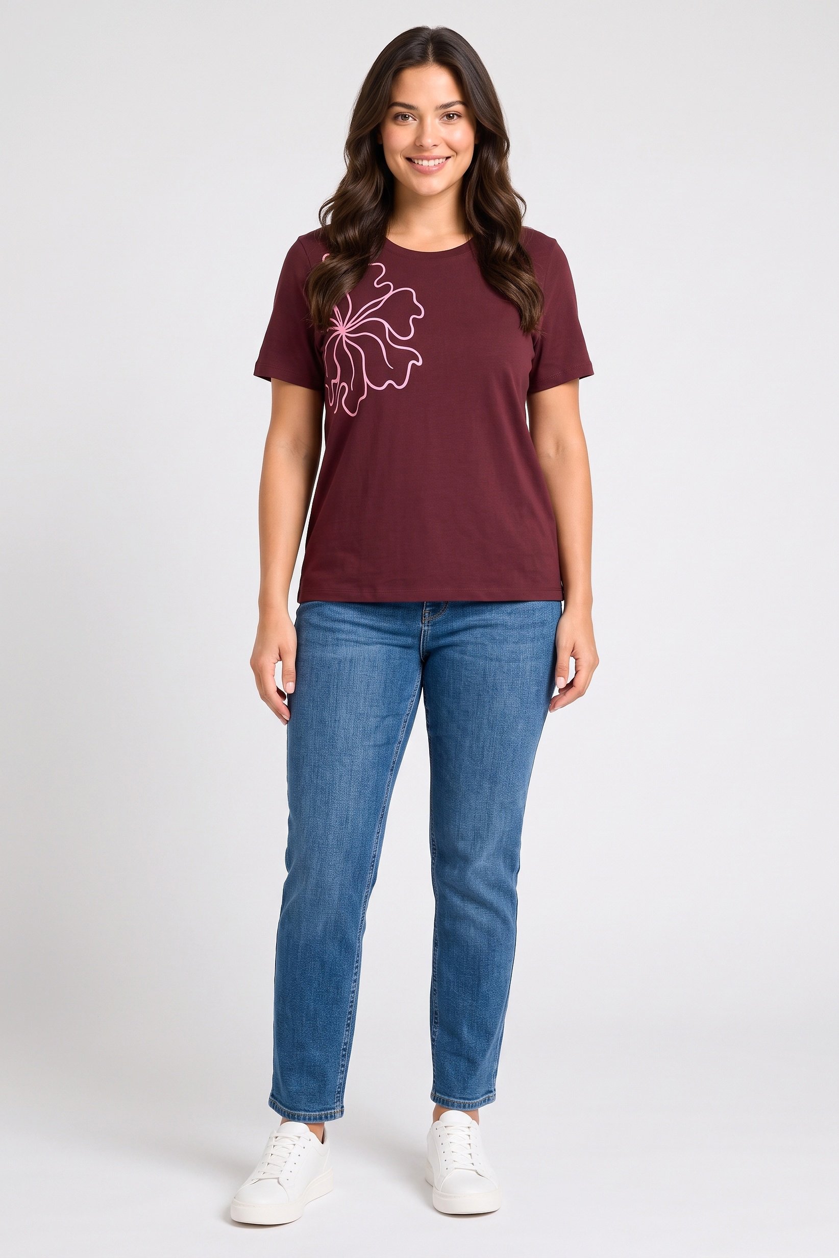 Women Crew Neck Short Sleeve Graphic Print T-Shirt, Maroon