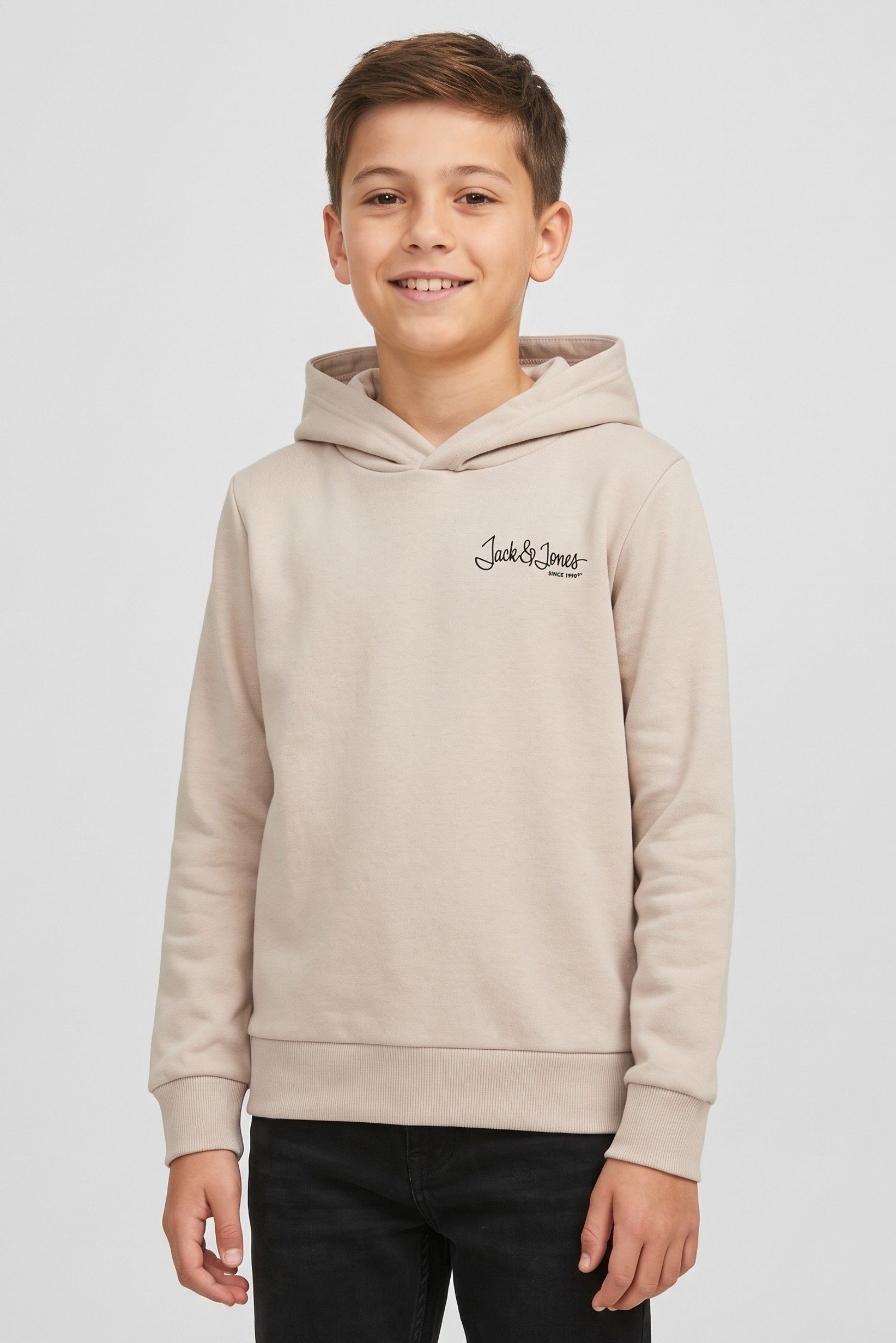 Kids Boy Brand Logo Long Sleeve Hoodie, Beige