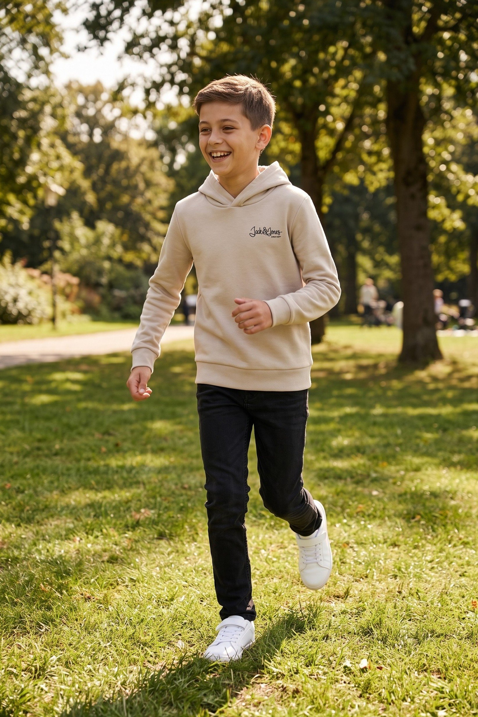 Kids Boy Brand Logo Long Sleeve Hoodie, Beige
