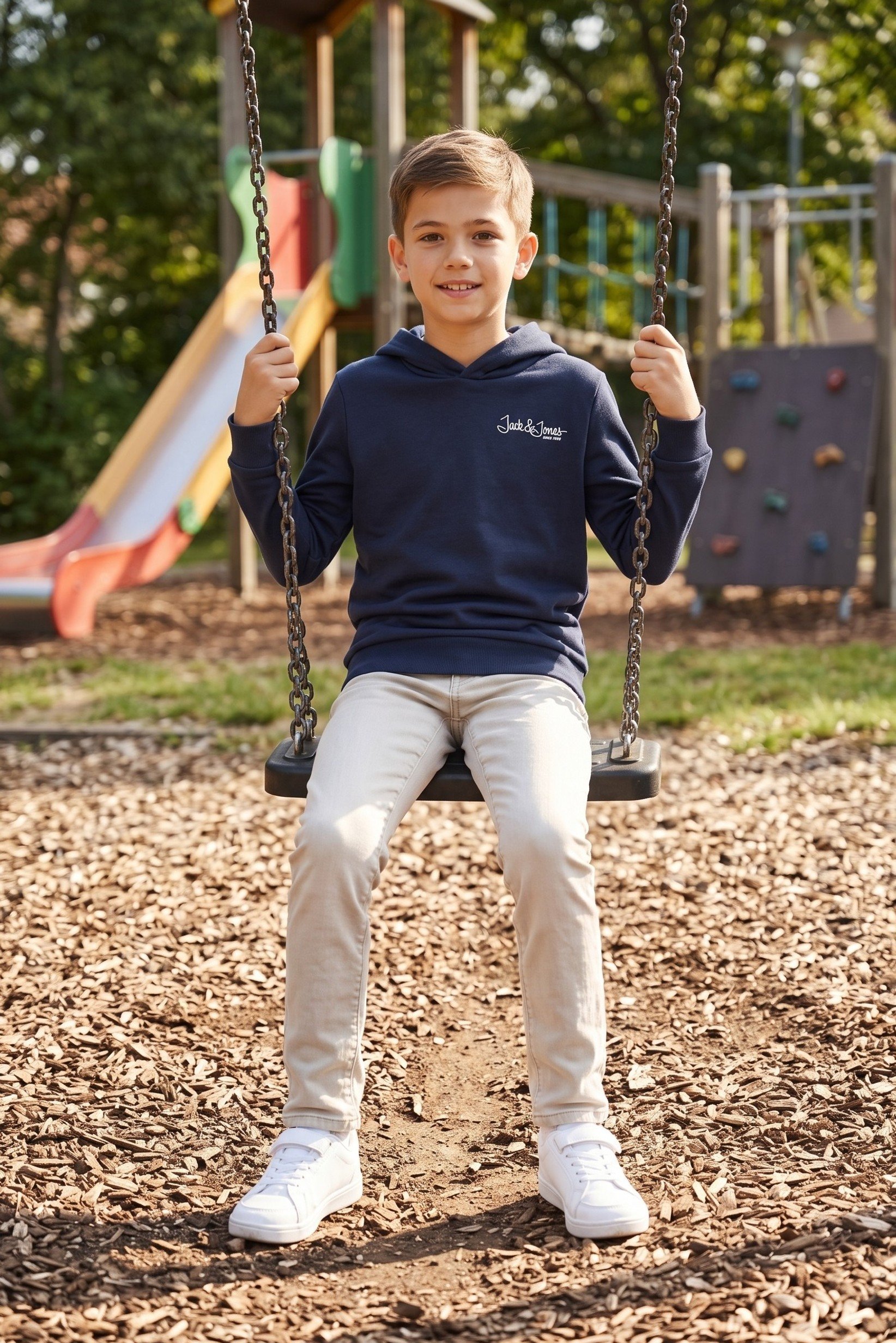Kids Boy Brand Logo Long Sleeve Hoodie, Dark Navy