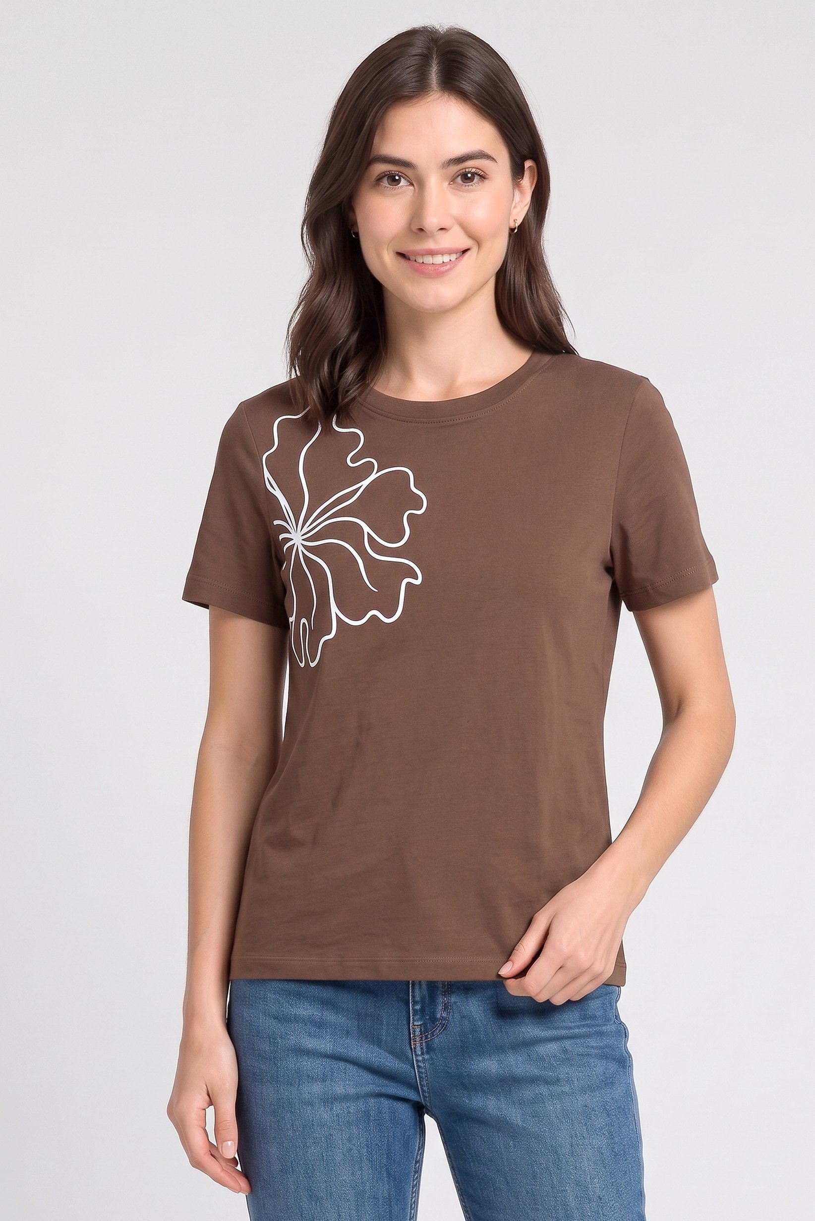 Women Crew Neck Short Sleeve Graphic Print Top, Brown