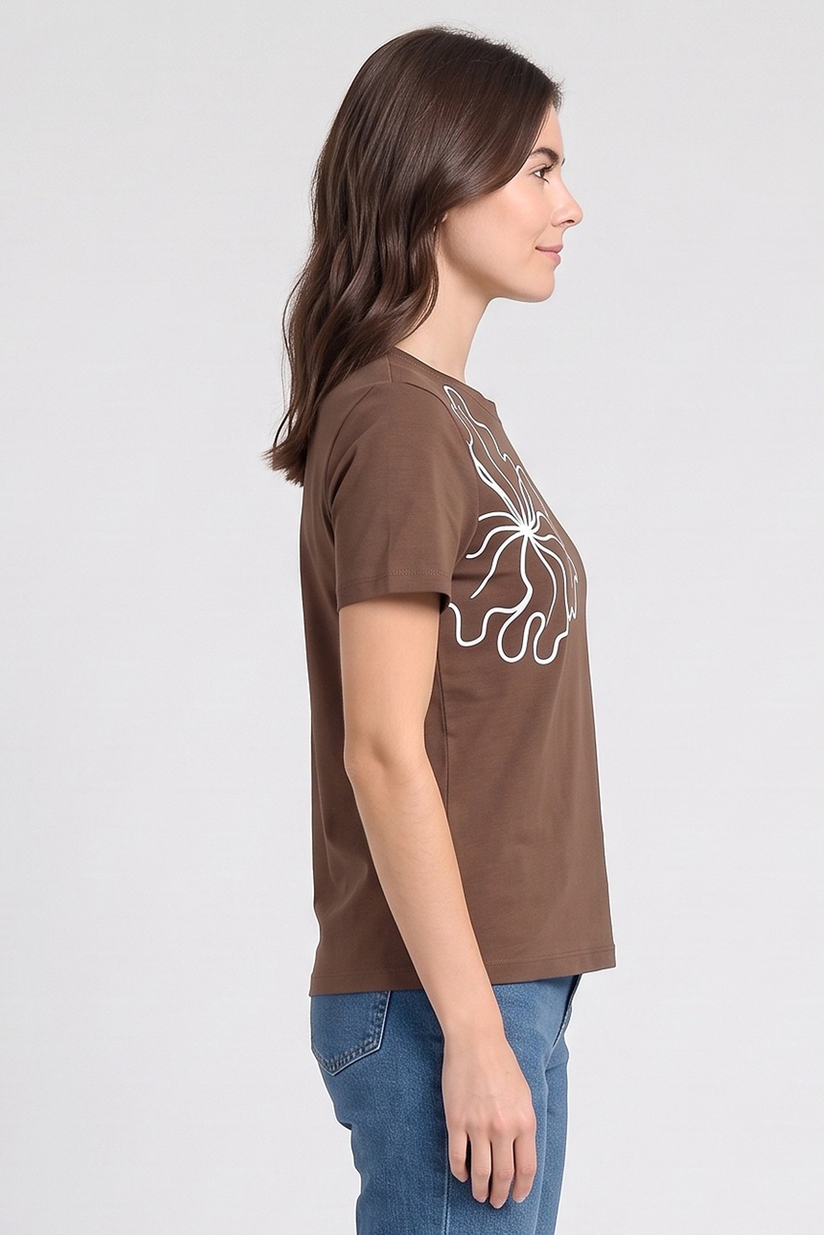 Women Crew Neck Short Sleeve Graphic Print Top, Brown