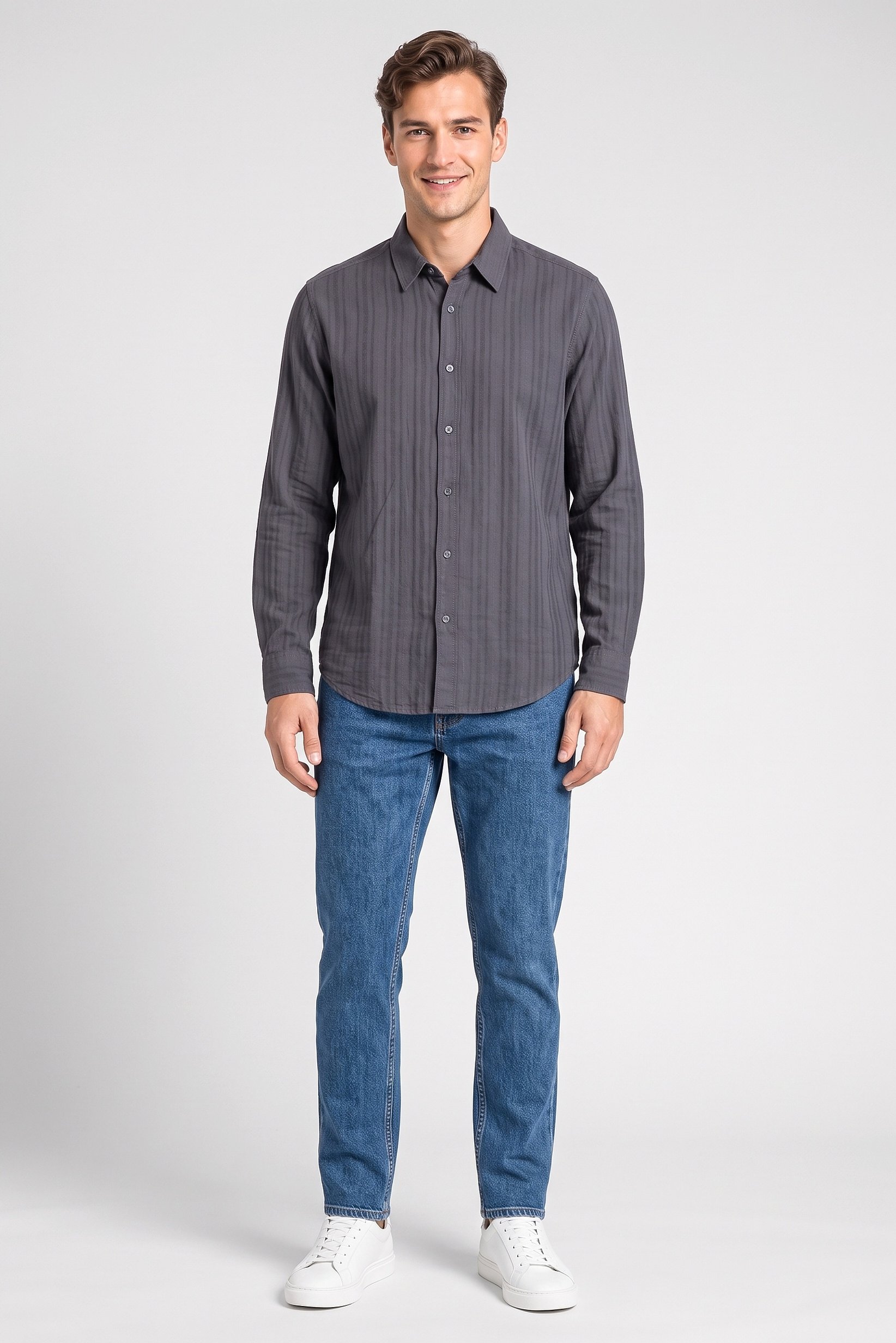 Men Regular Fit Stripe Long Sleeve Casual Shirt, Charcoal