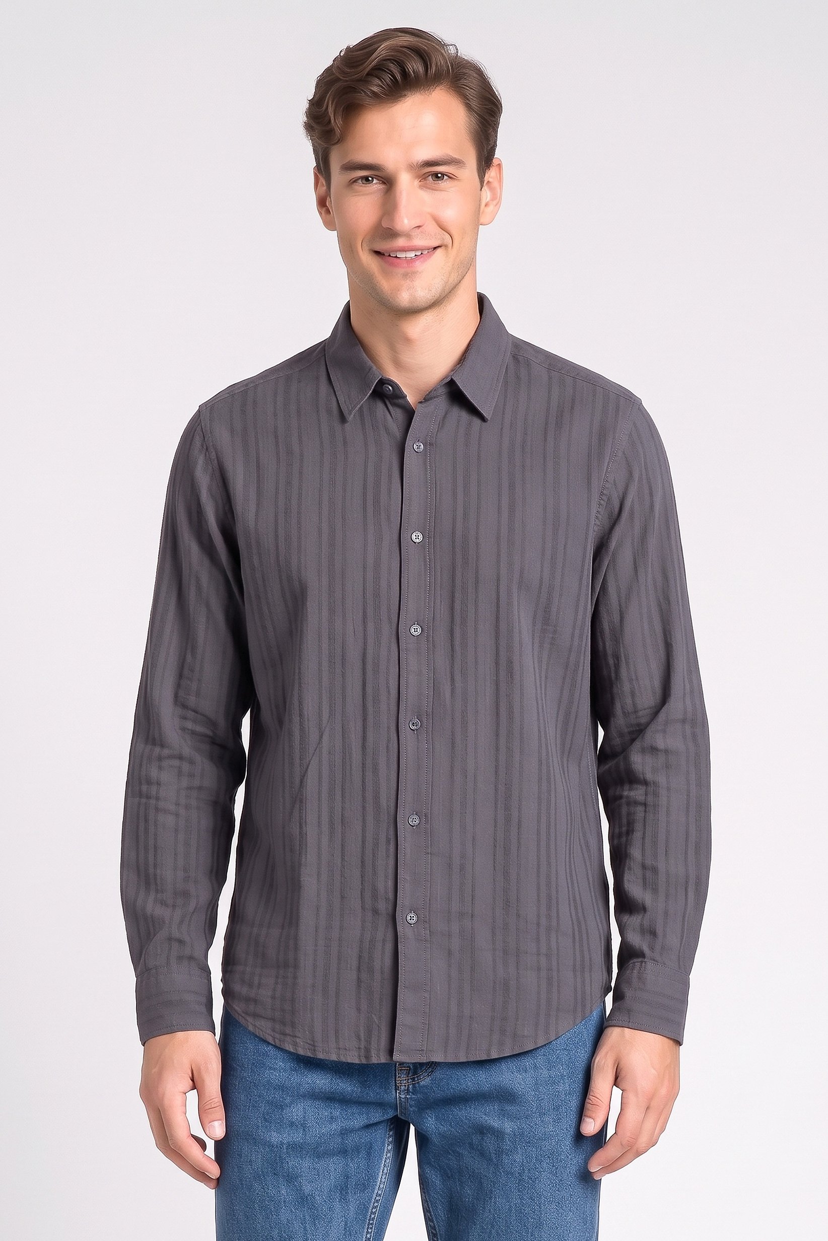 Men Regular Fit Stripe Long Sleeve Casual Shirt, Charcoal