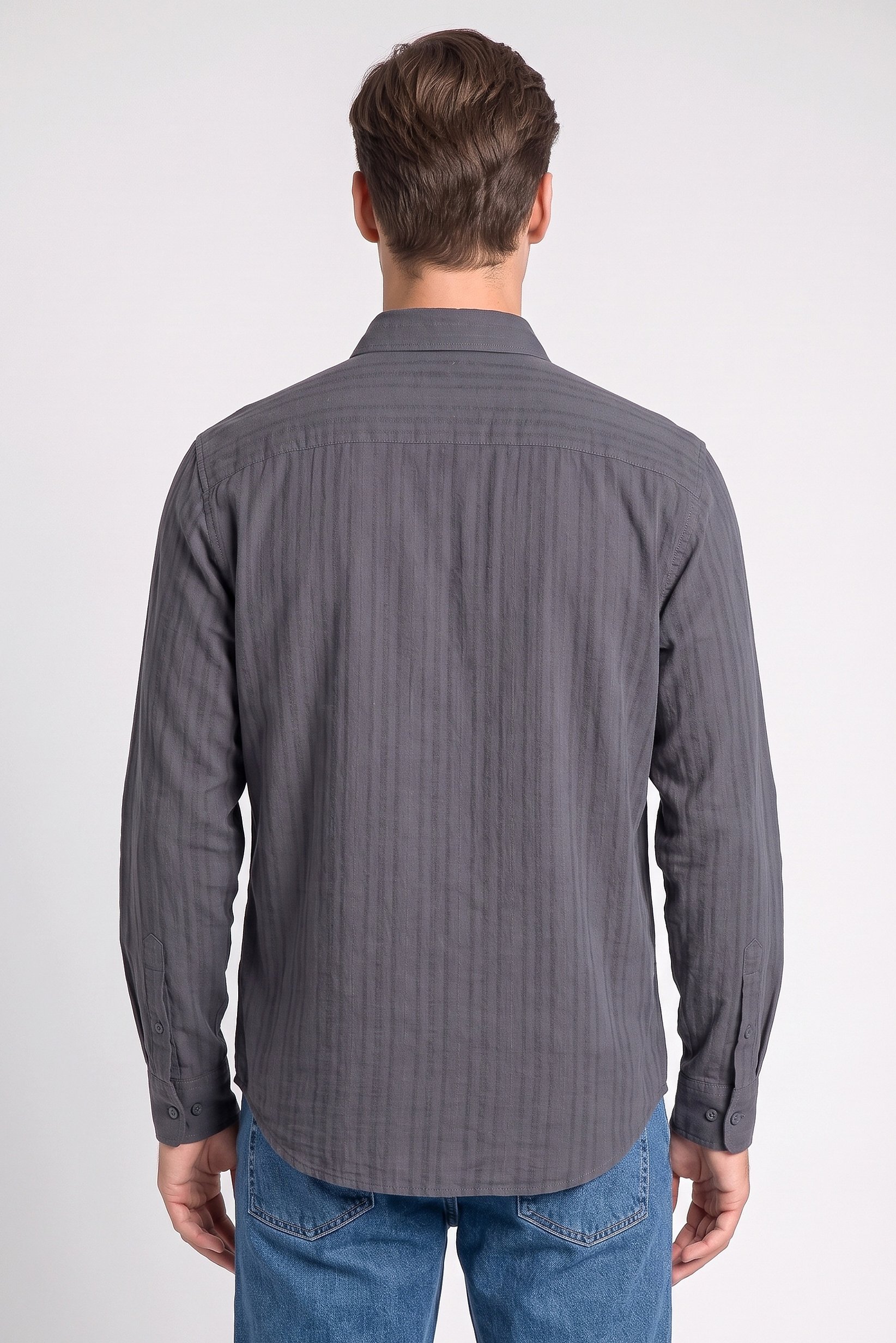 Men Regular Fit Stripe Long Sleeve Casual Shirt, Charcoal