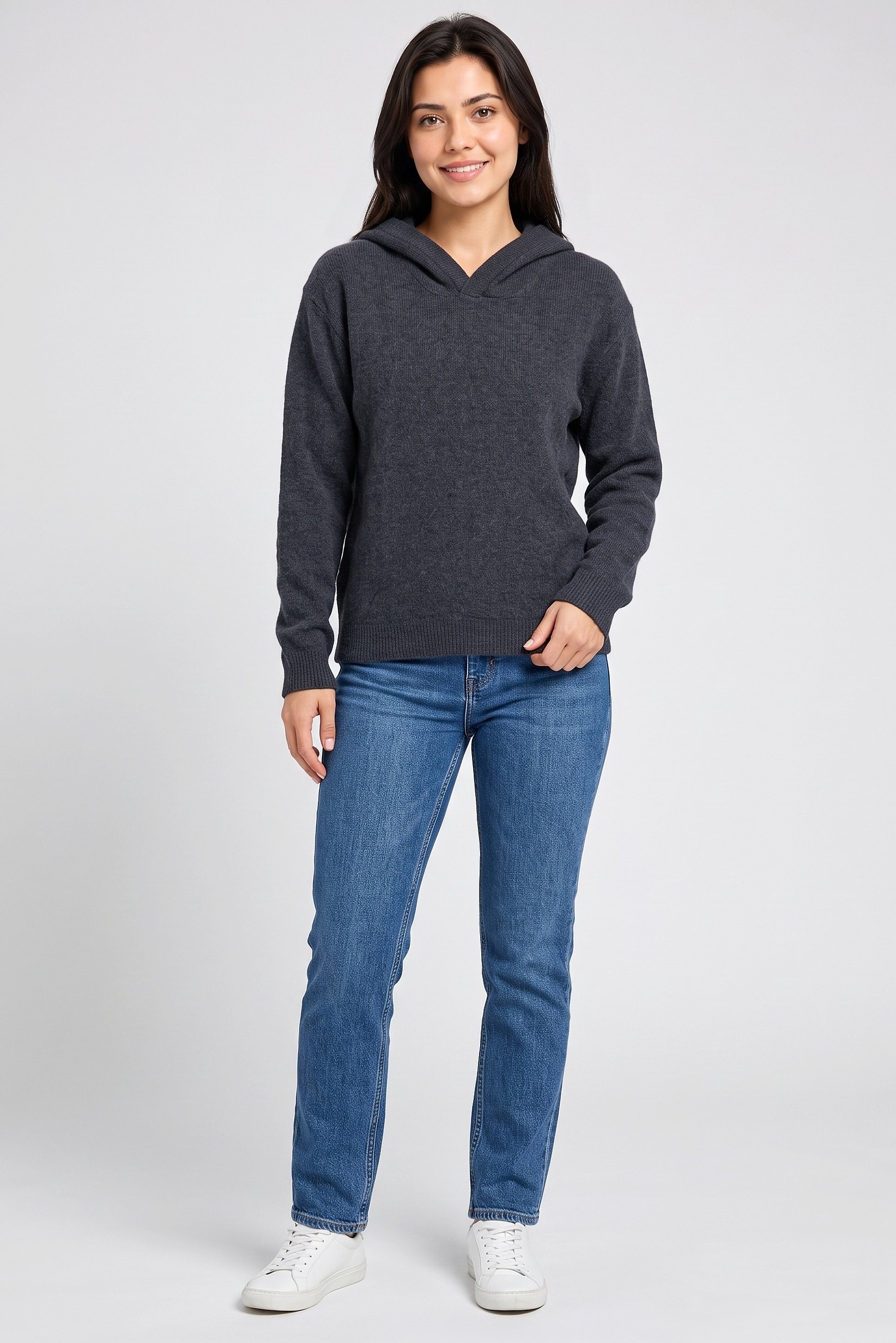 Women Knitted Long Sleeve Hoodie, Charcoal Grey