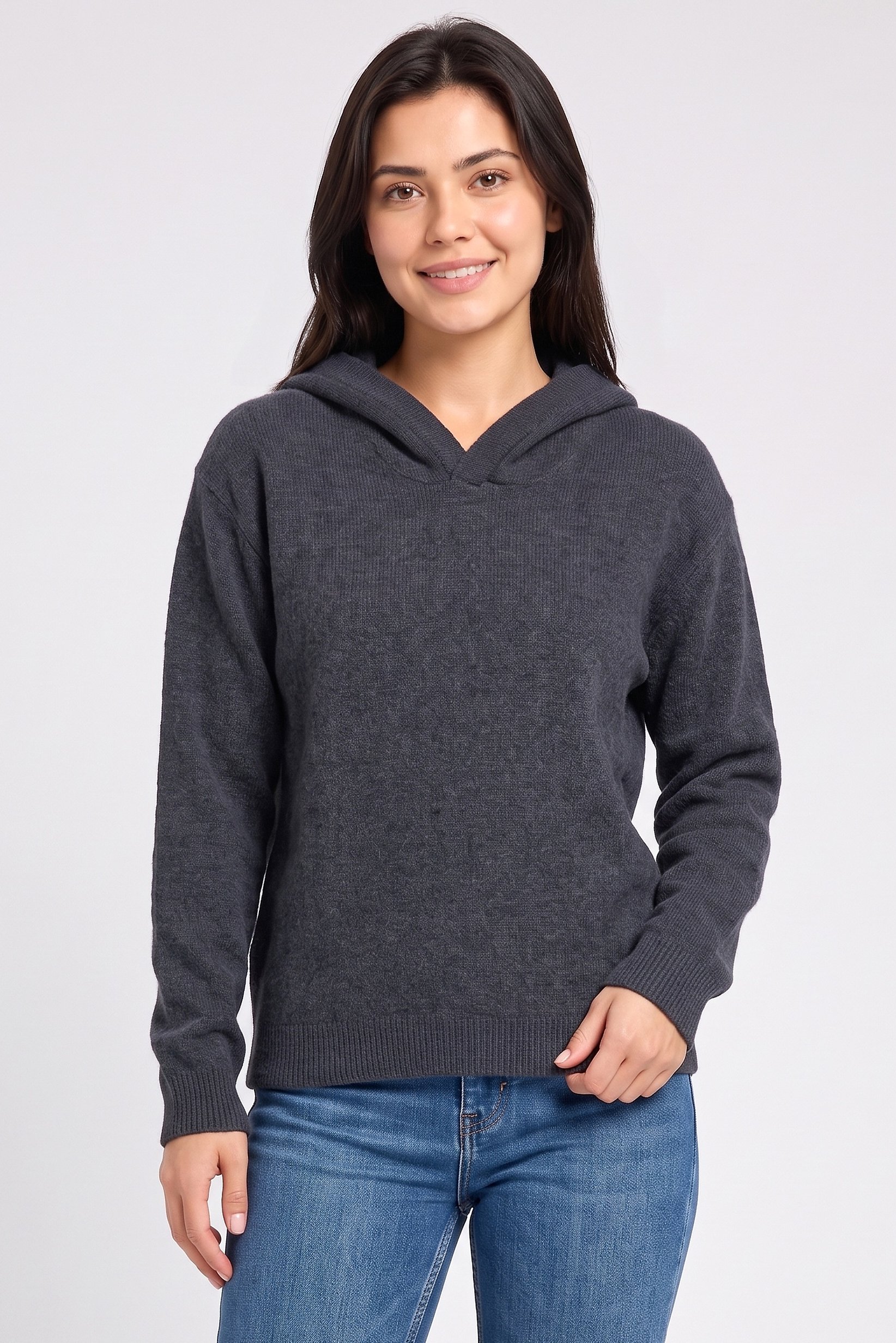 Women Knitted Long Sleeve Hoodie, Charcoal Grey