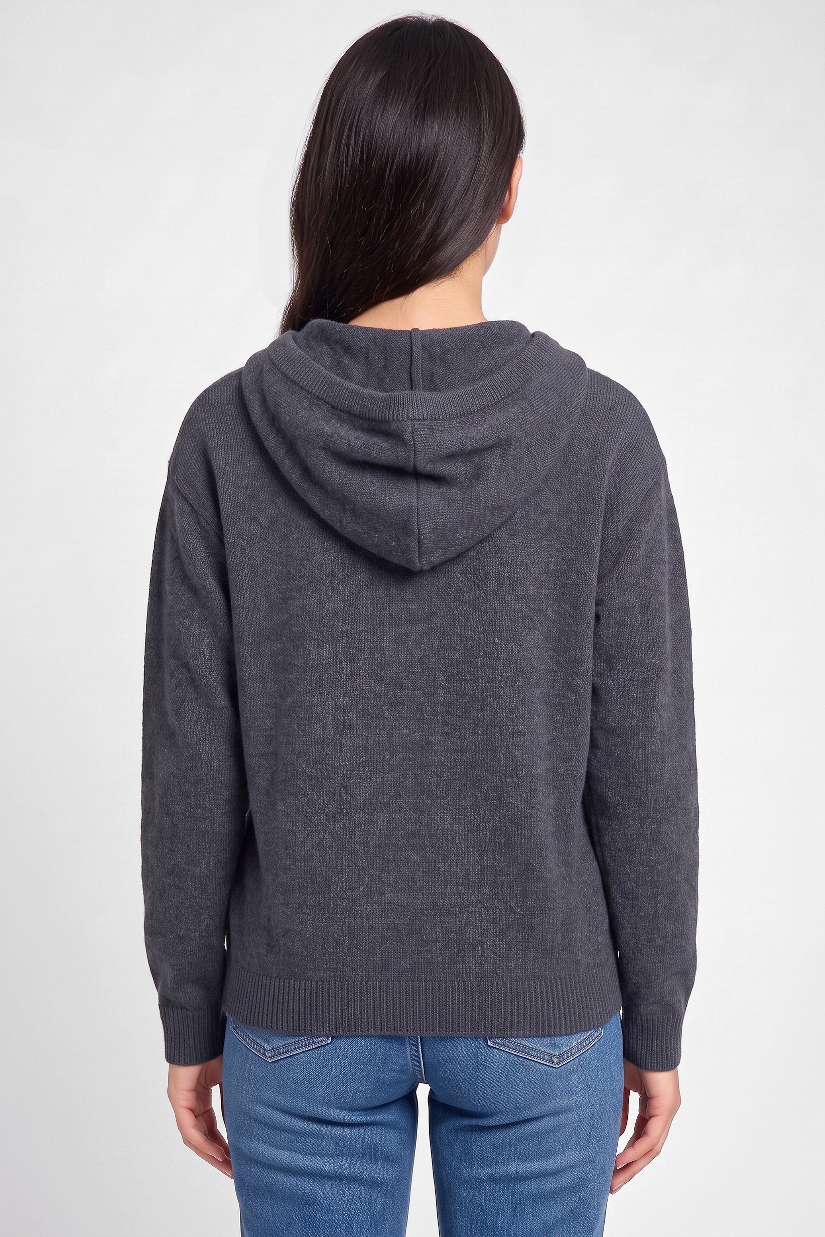 Women Knitted Long Sleeve Hoodie, Charcoal Grey