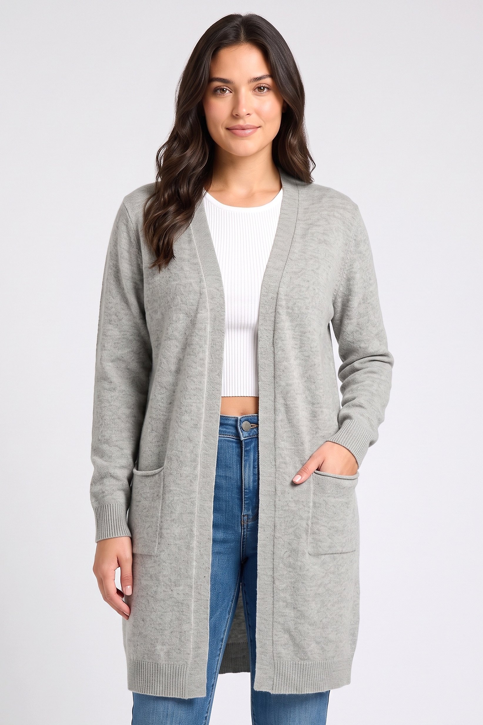 Women Knitted Long Sleeve Cardigan, Grey