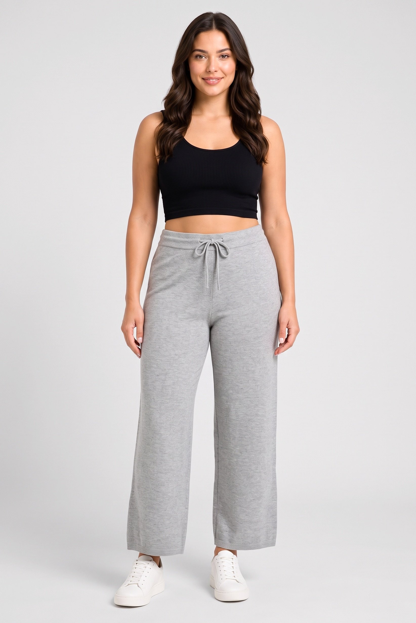 Women Regular Fit Knitted Wide Leg Pants, Grey