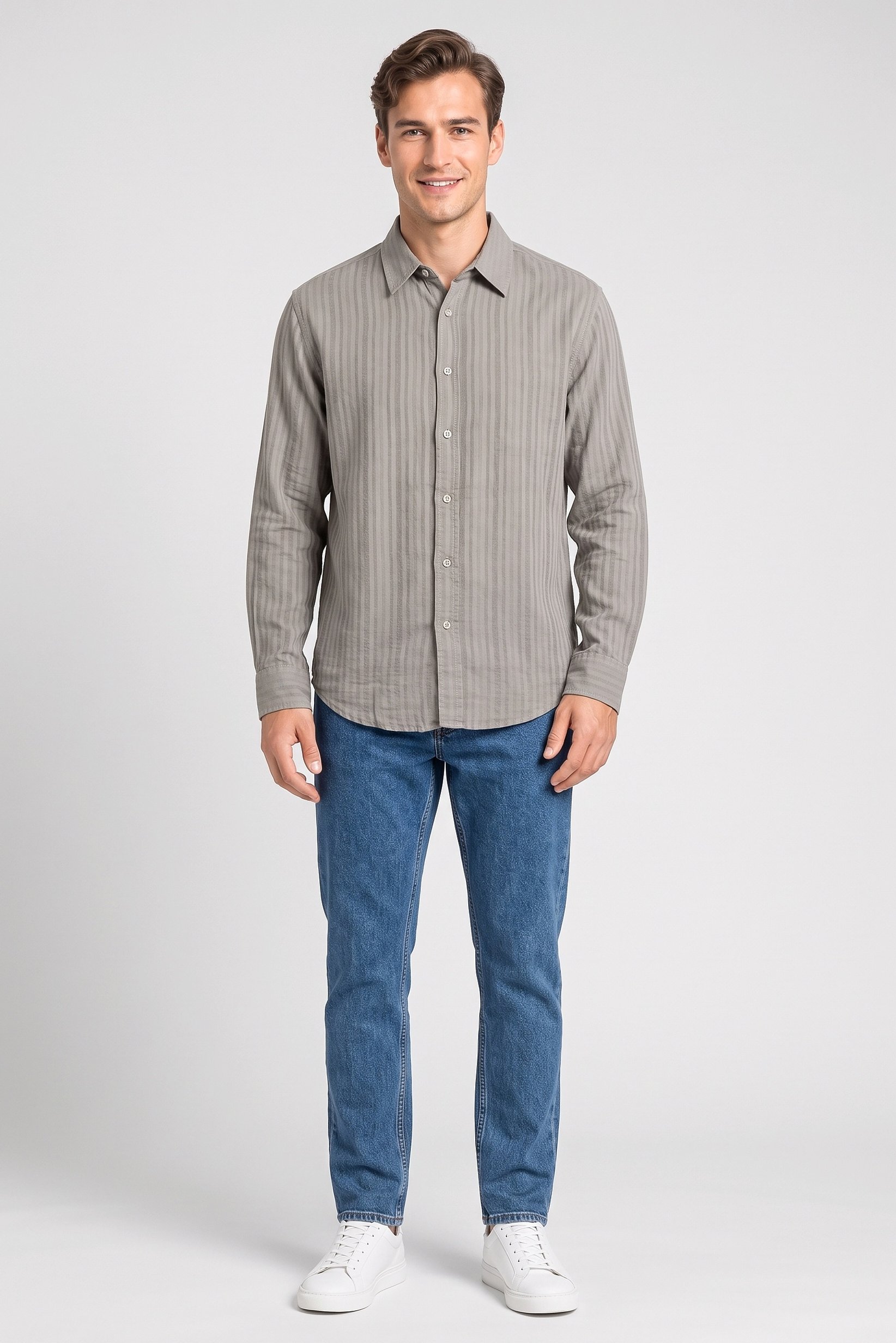 Men Regular Fit Stripe Long Sleeve Casual Shirt, Olive