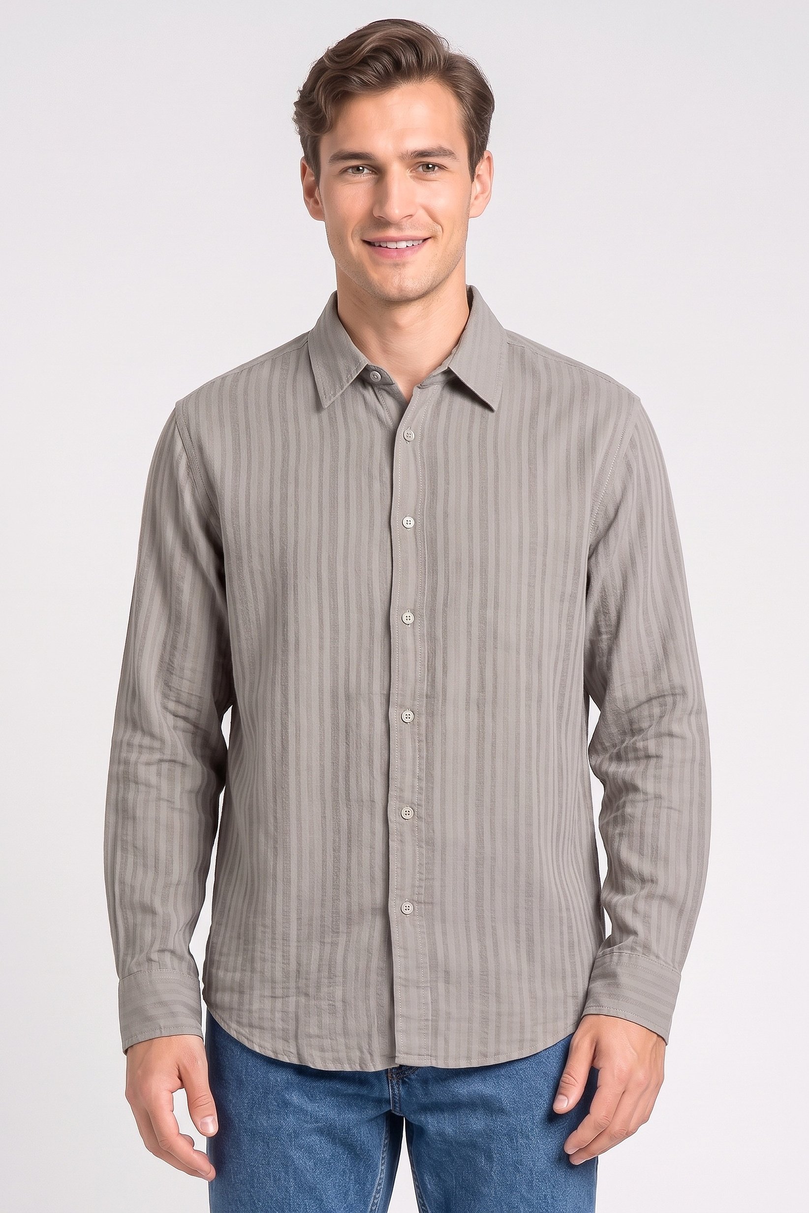 Men Regular Fit Stripe Long Sleeve Casual Shirt, Olive