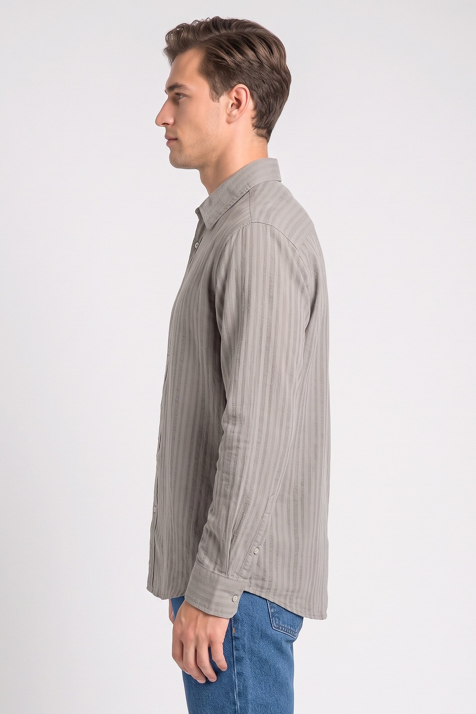 Men Regular Fit Stripe Long Sleeve Casual Shirt, Olive