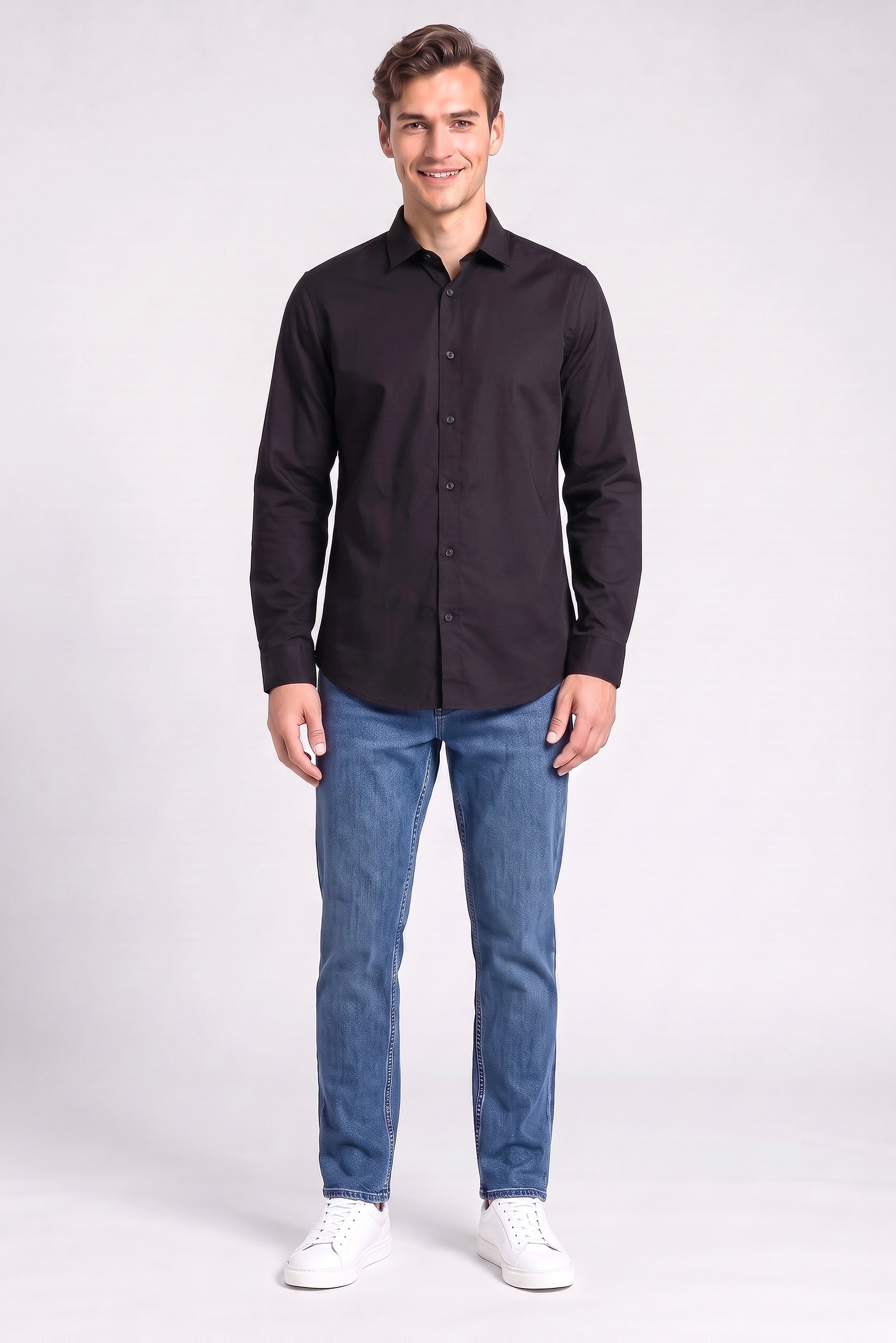 Men Slim Fit Solid Long Sleeve Casual Shirt, Black