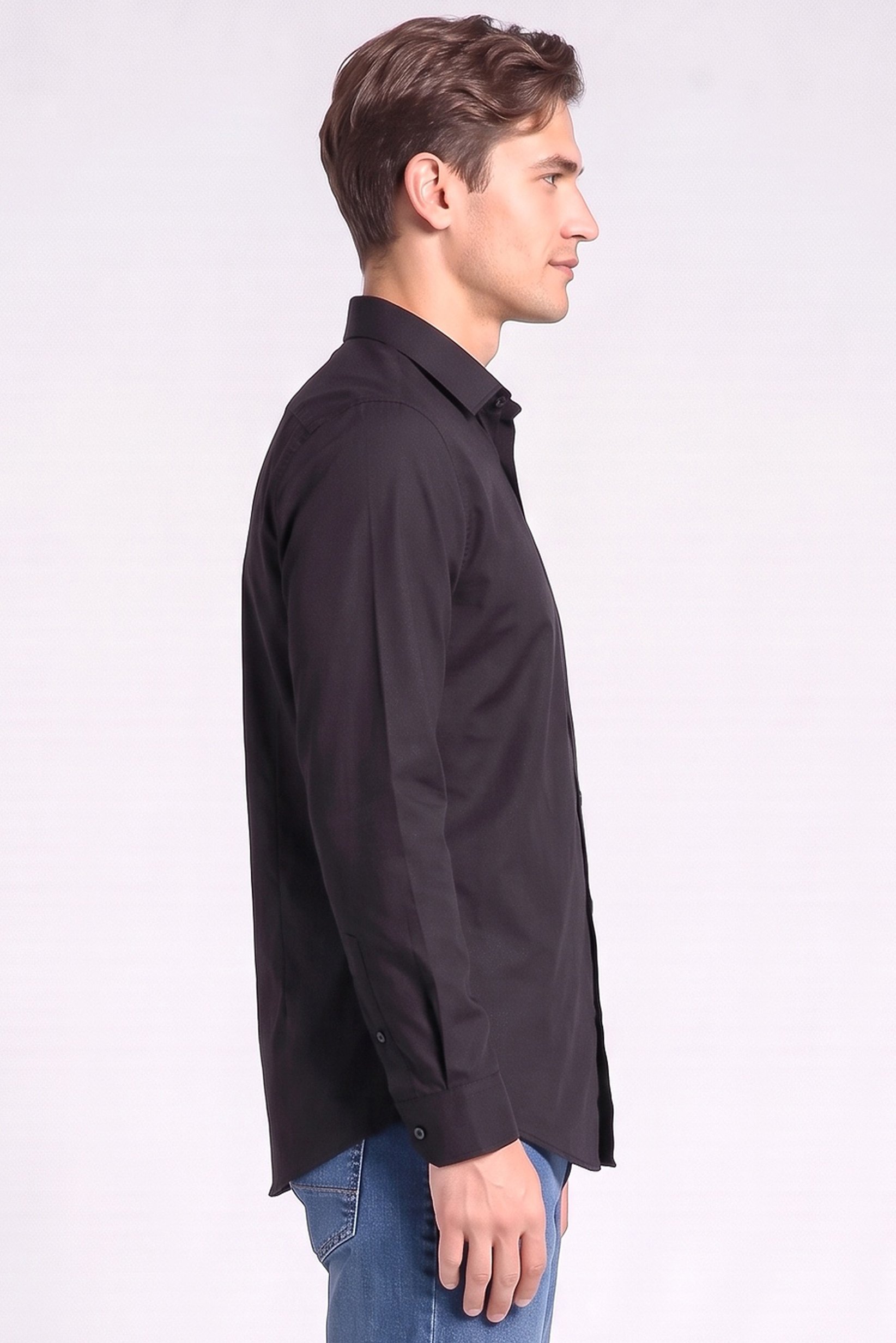 Men Slim Fit Solid Long Sleeve Casual Shirt, Black
