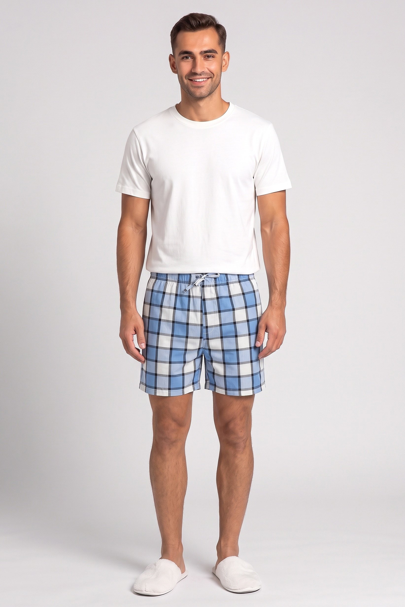 Men 2 Pcs Checkered T-Shirt And Shorts Pyjama Set, Multicolor