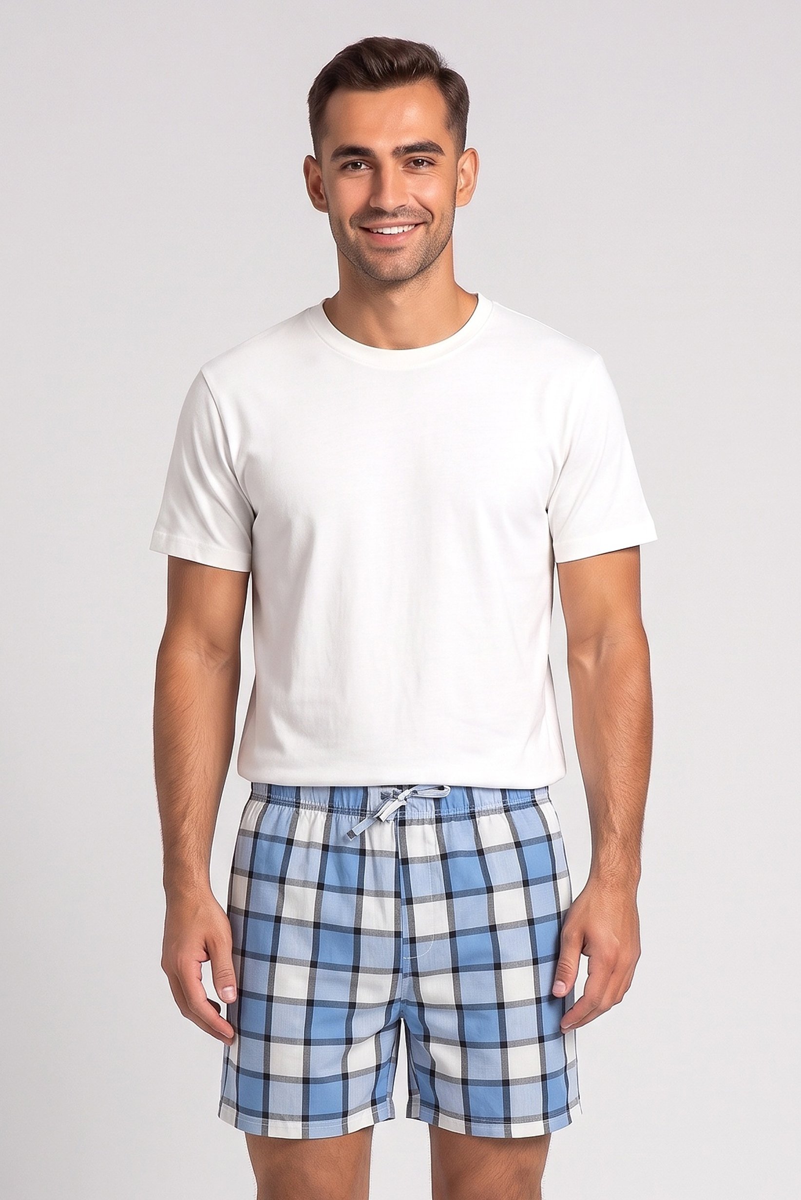 Men 2 Pcs Checkered T-Shirt And Shorts Pyjama Set, Multicolor