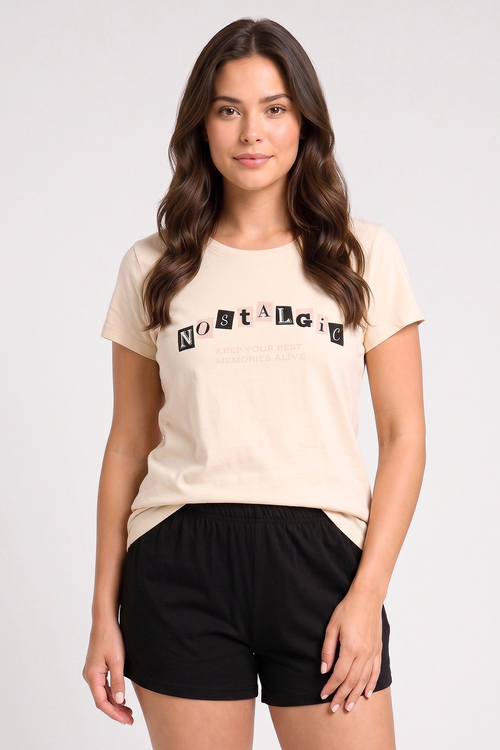 Women 2Pcs Jewel Neck Cap Sleeves Graphic Printed T-Shirt And Bottom Set, Cream