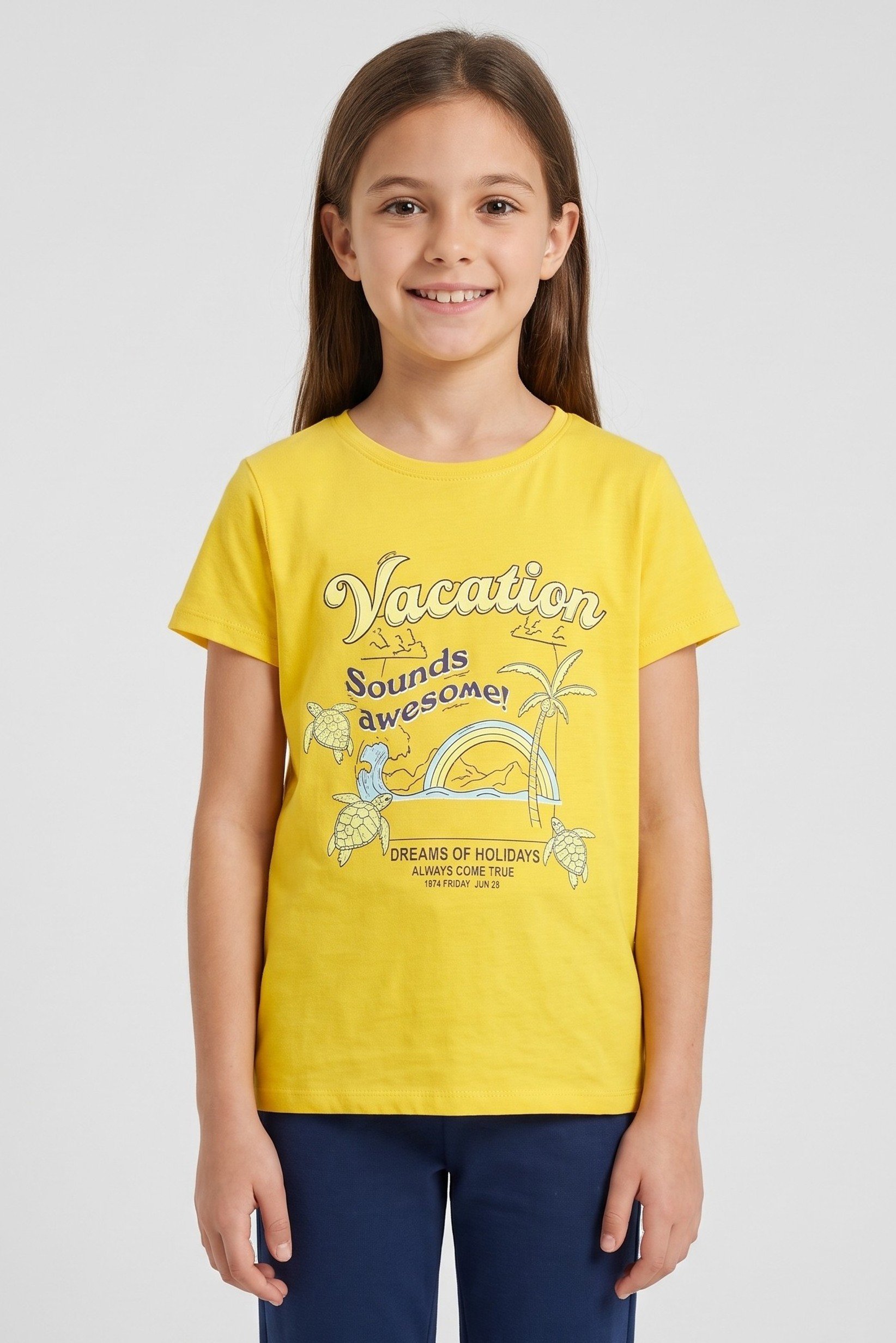 Kids Girl Round Neck Short Sleeve Graphic Print T-Shirt, Yellow