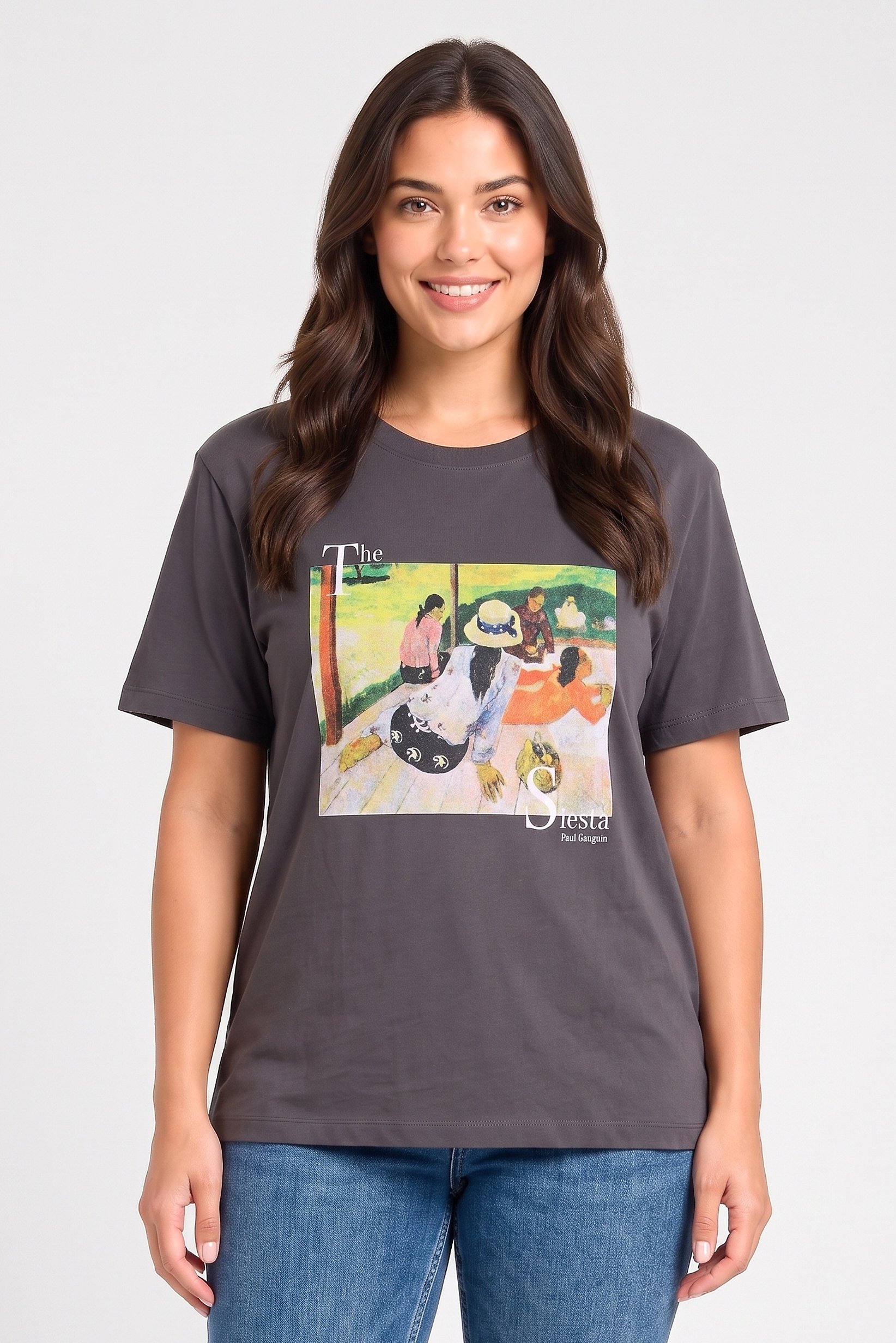 Women Crew Neck Short Sleeve Graphic Print T-Shirt, Grey