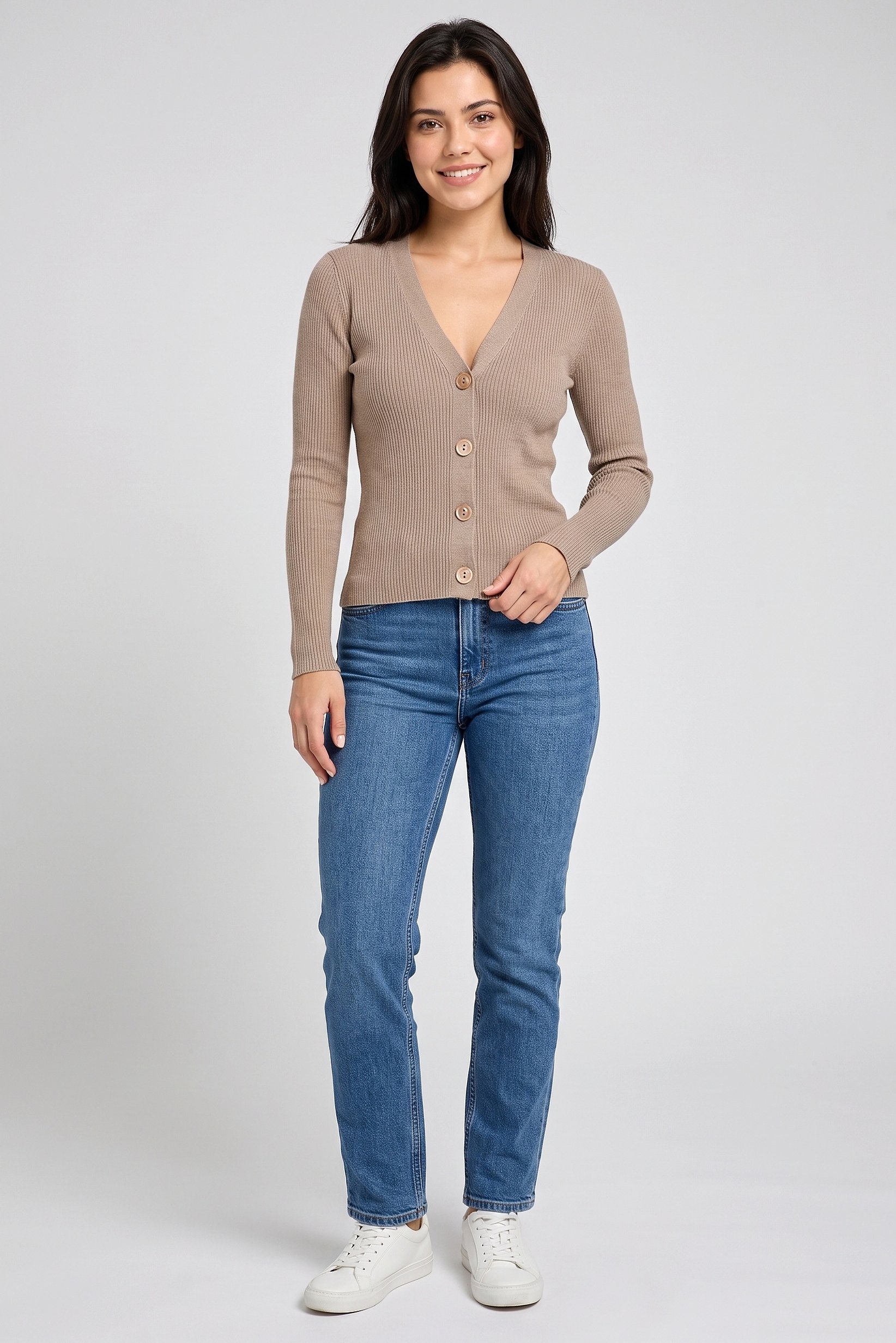 Women V Neck Knitted Cardigan, Taupe