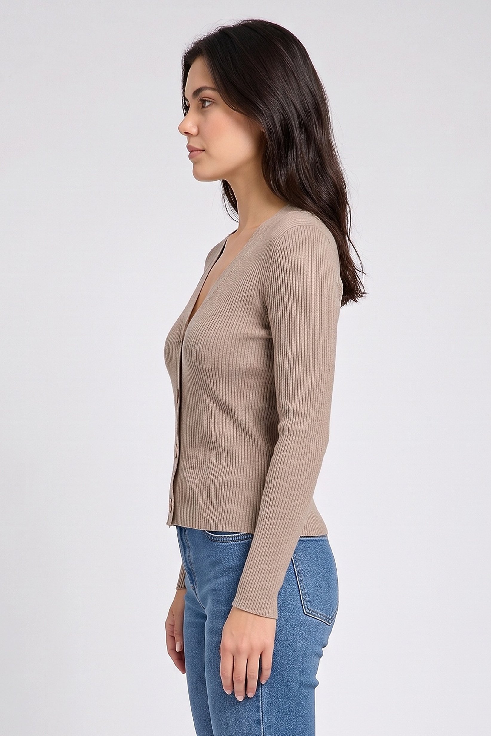 Women V Neck Knitted Cardigan, Taupe