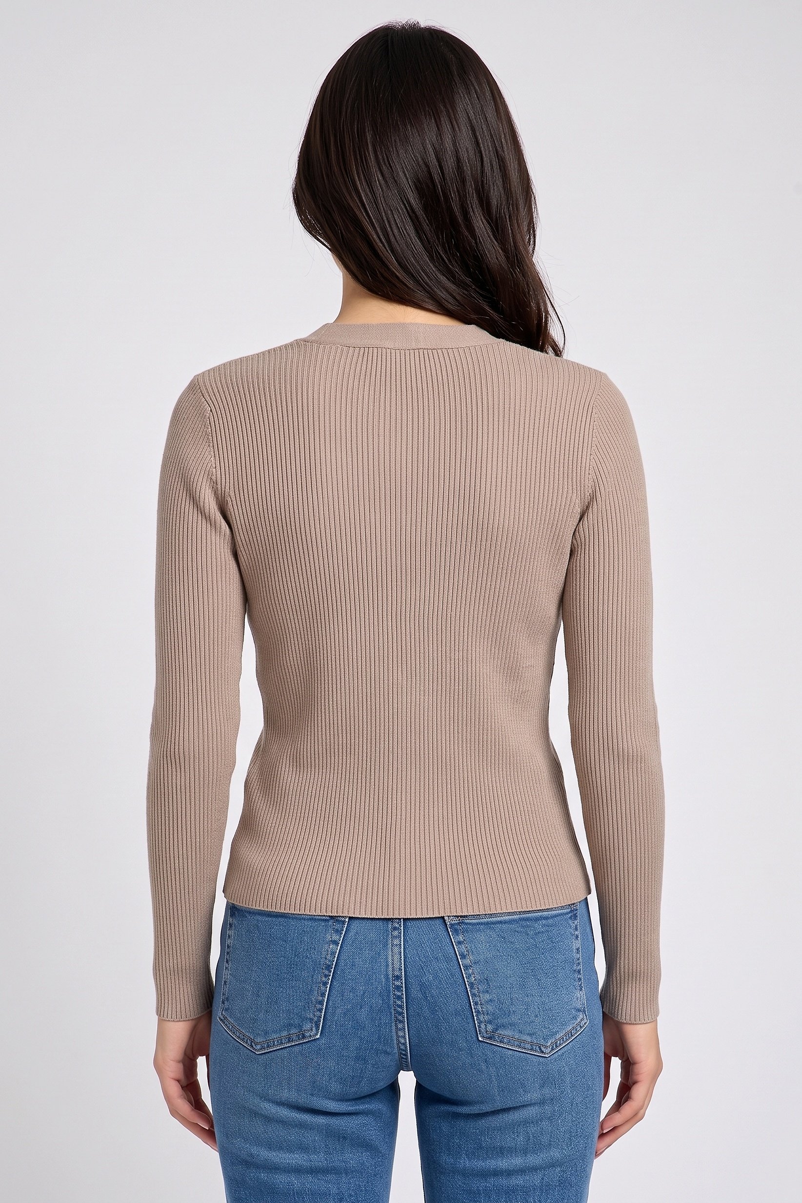 Women V Neck Knitted Cardigan, Taupe