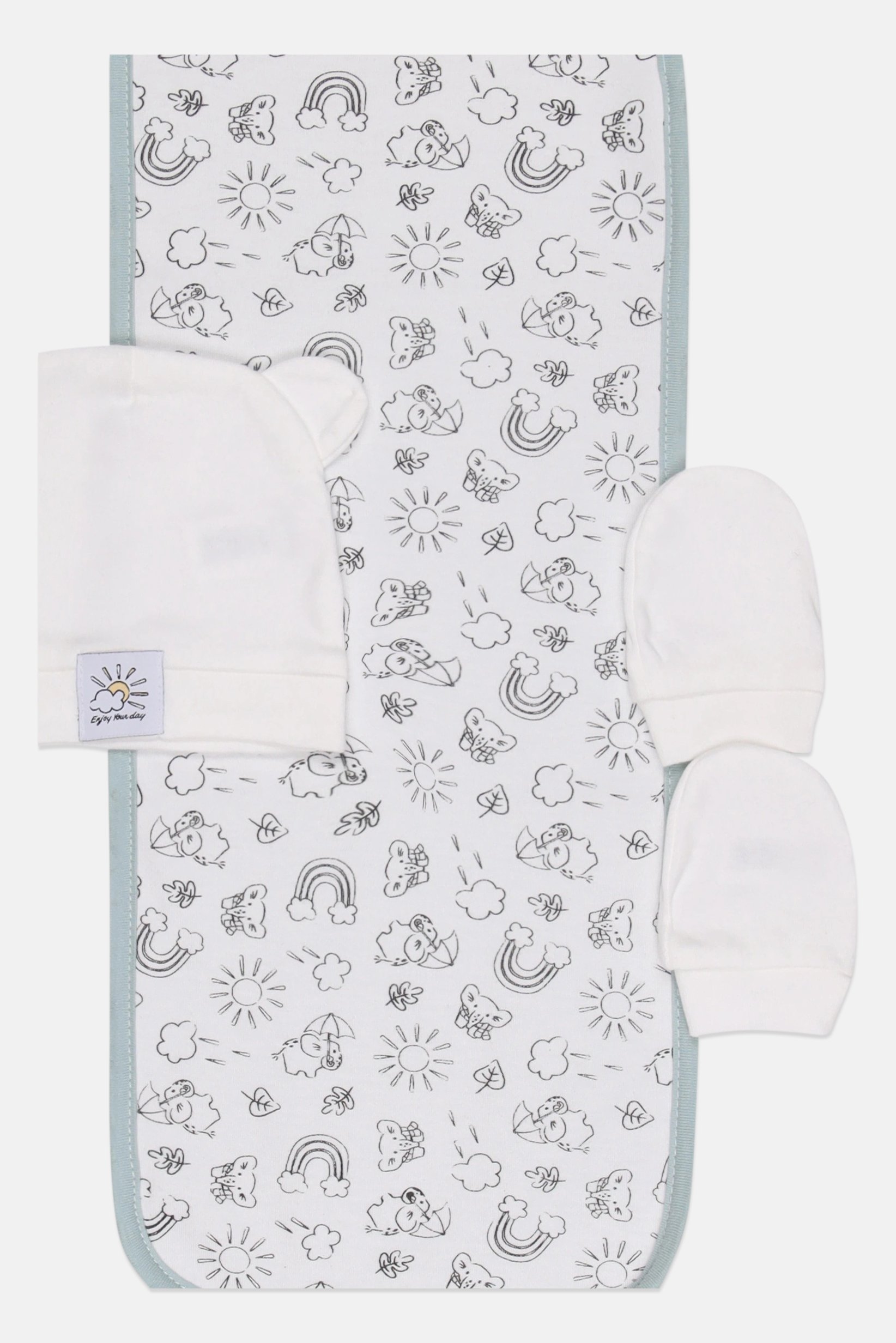Toddlers Boy 3 Pcs Allover Print Cap And Gloves With Diaper, White