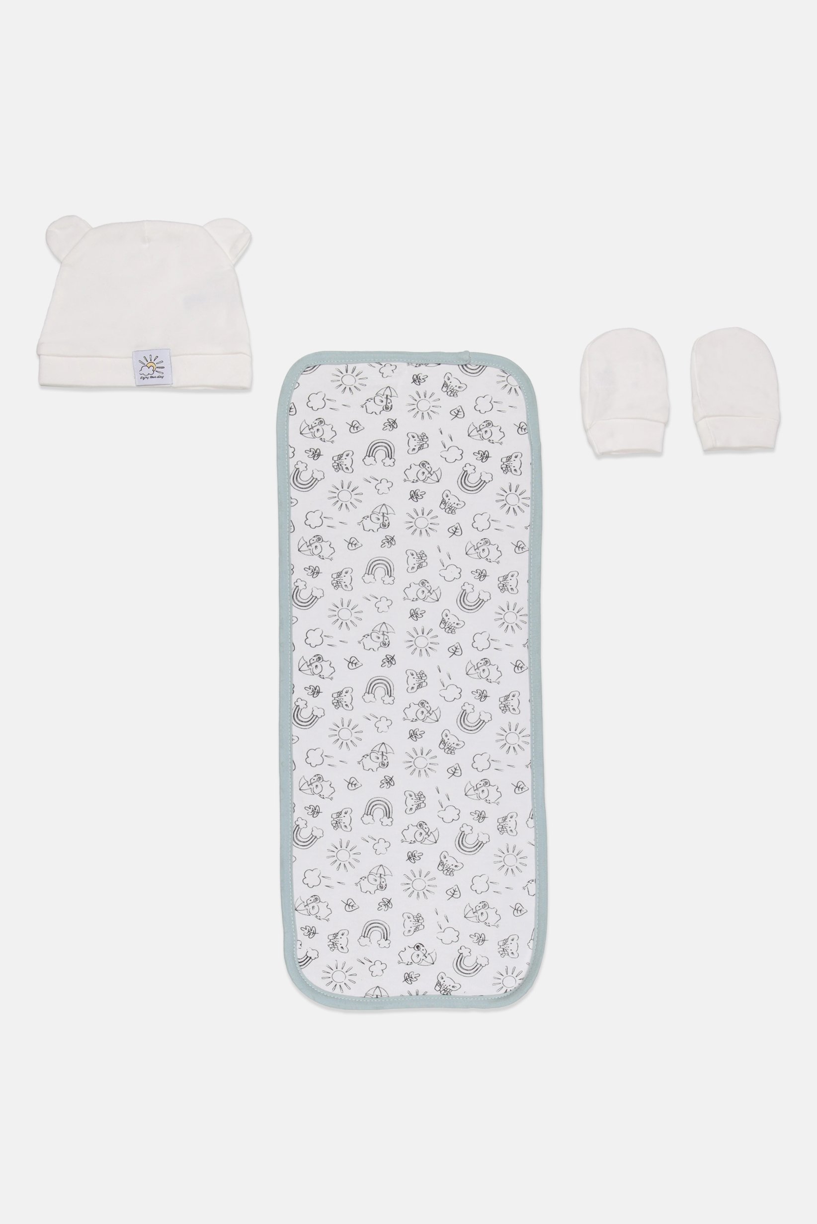 Toddlers Boy 3 Pcs Allover Print Cap And Gloves With Diaper, White