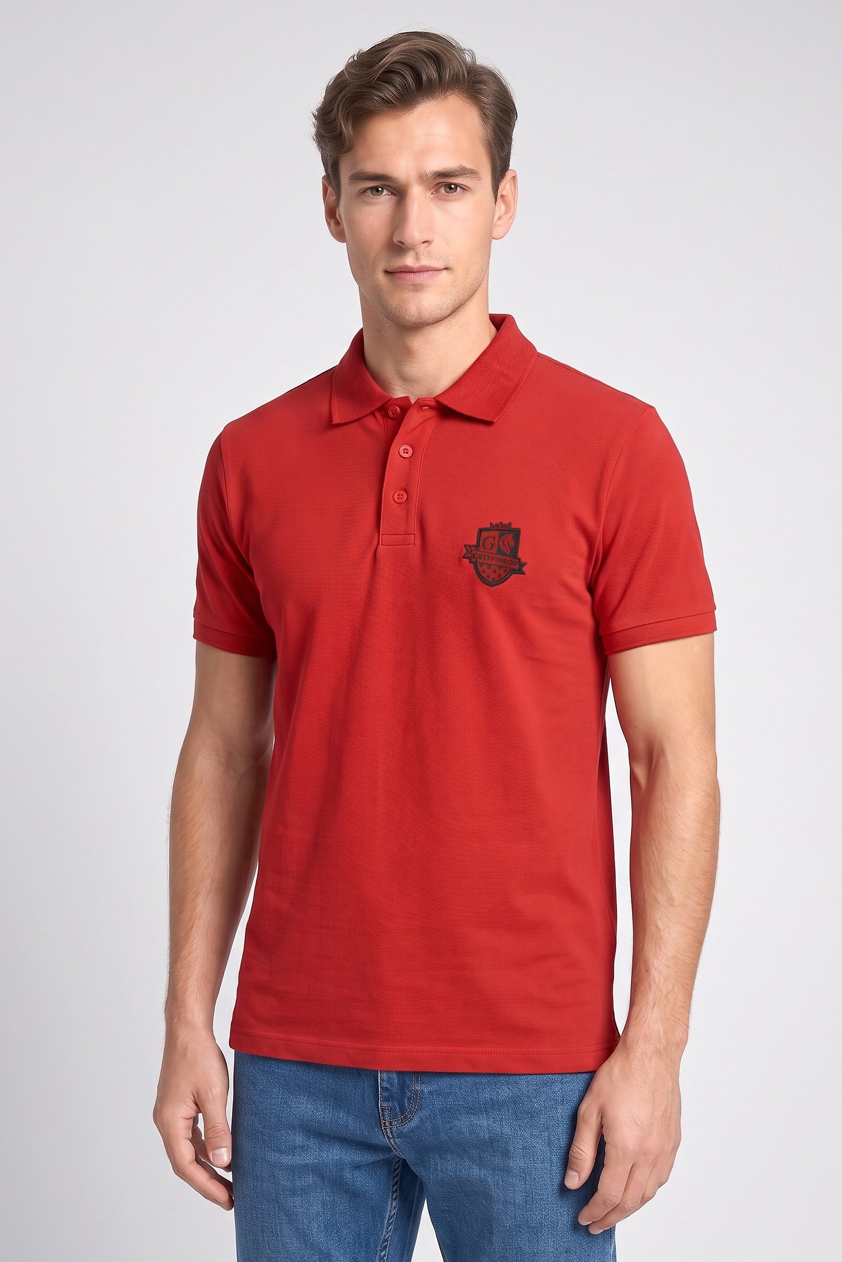 Sinsay x Harry Potter Men Regular Fit Graphic Print Short Sleeve Polo Shirt, Dark Red