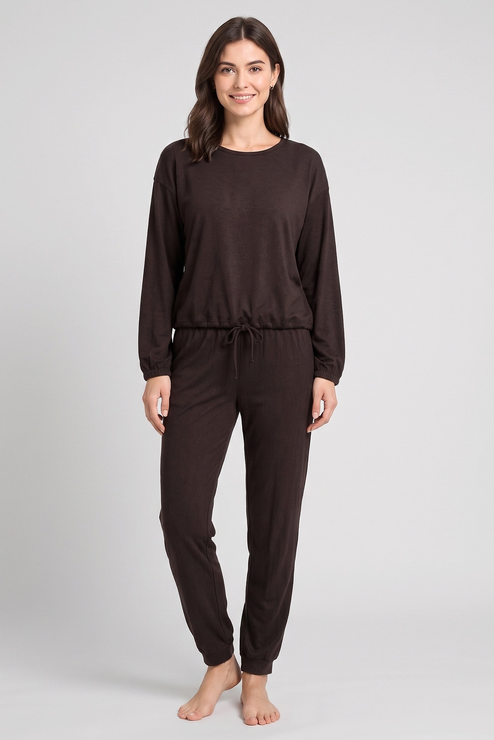 Women 2 Pcs Solid Pajama Top And Pants Set, Chocolate Brown