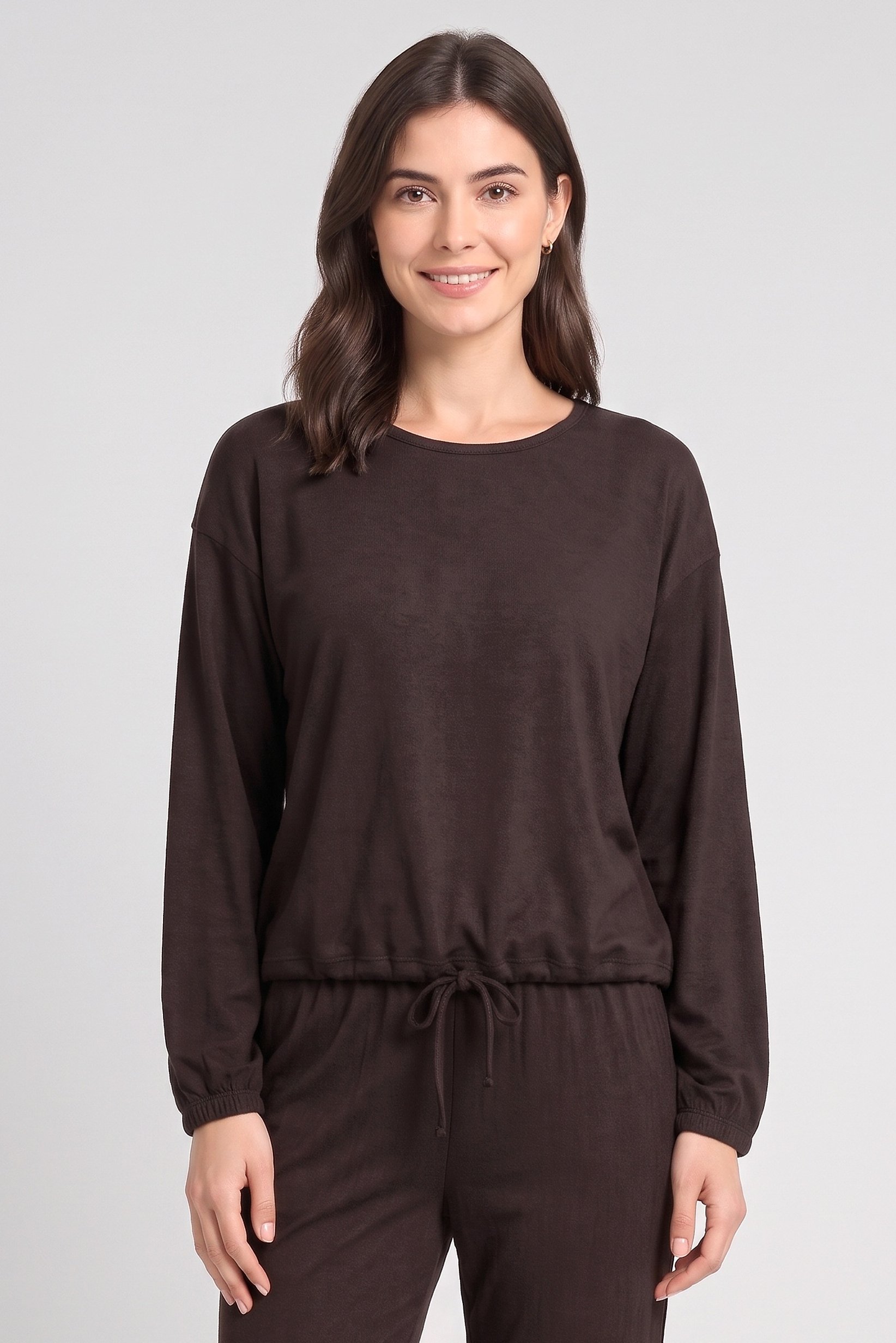 Women 2 Pcs Solid Pajama Top And Pants Set, Chocolate Brown