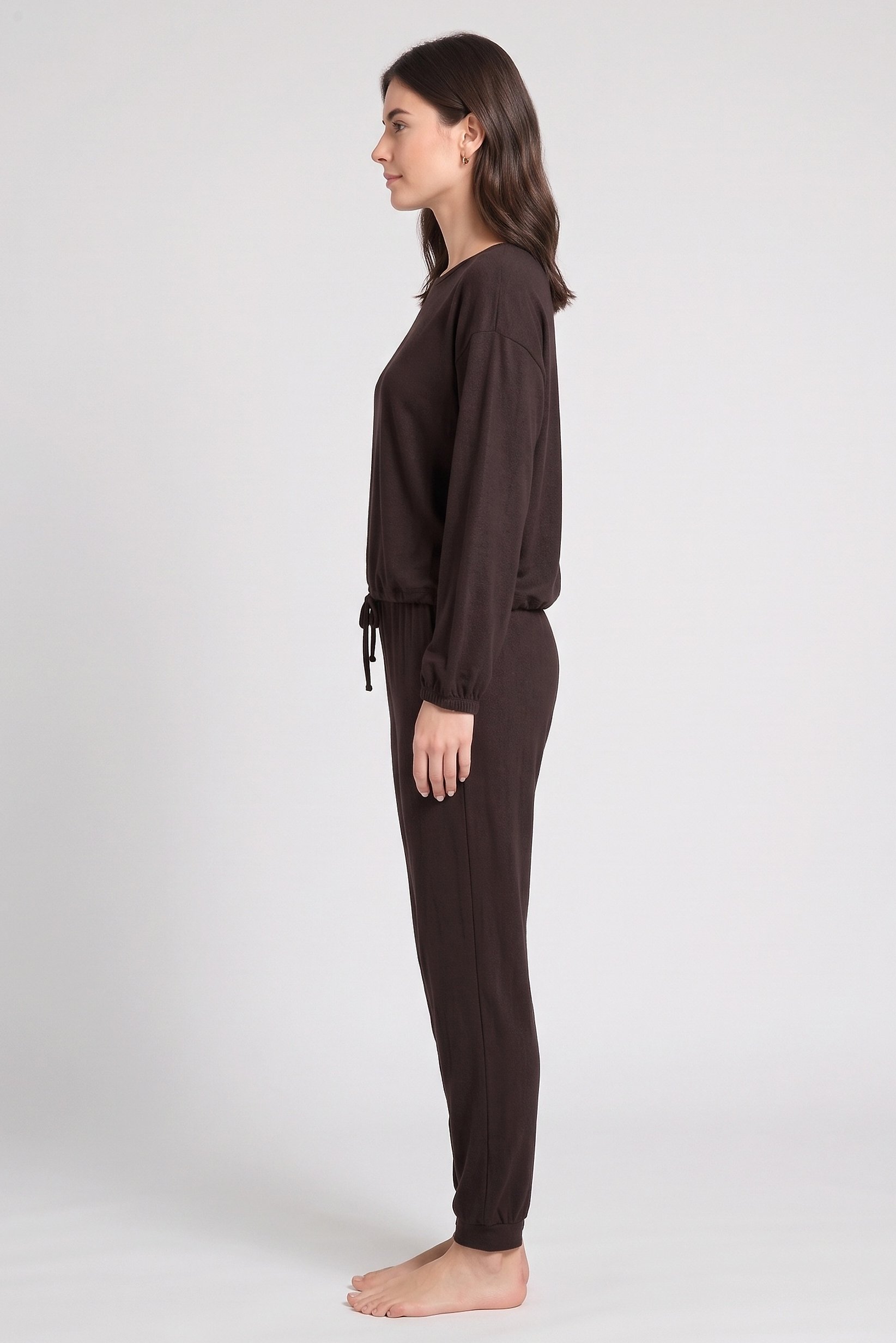 Women 2 Pcs Solid Pajama Top And Pants Set, Chocolate Brown